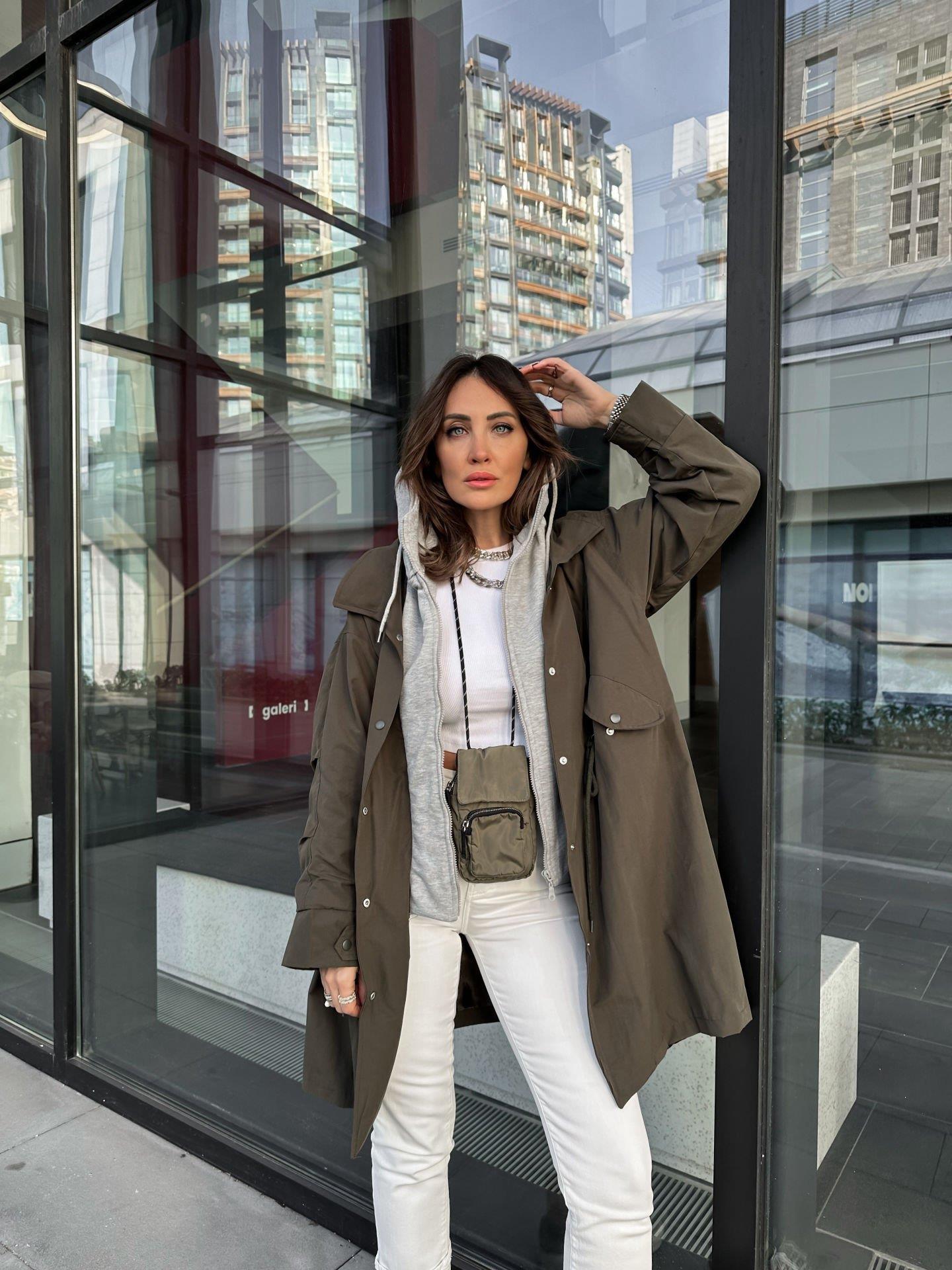 Haki Sweat Detaylı Kapşonlu Trençkot