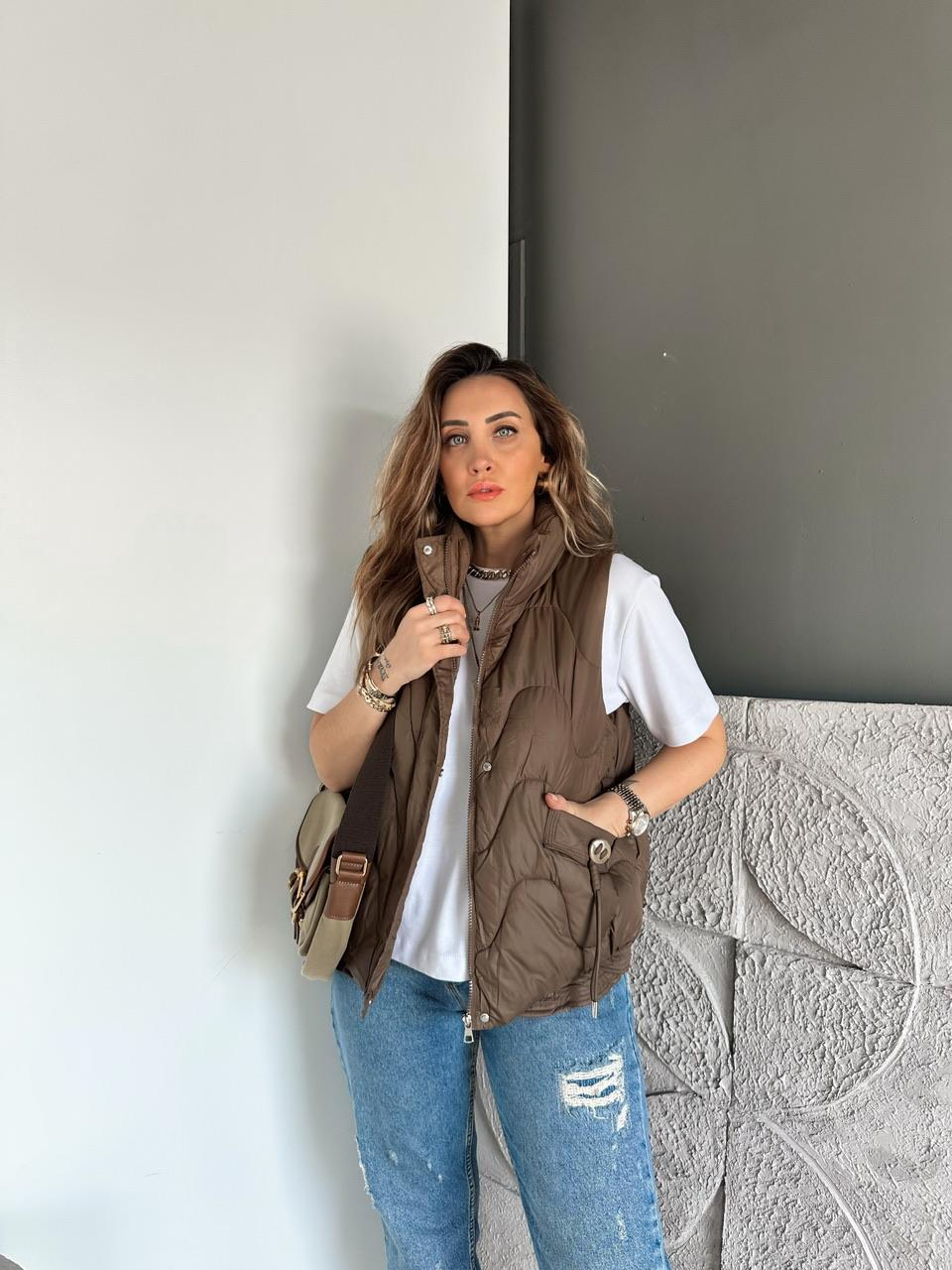 Kahve Cep Detaylı Şişme Yelek
