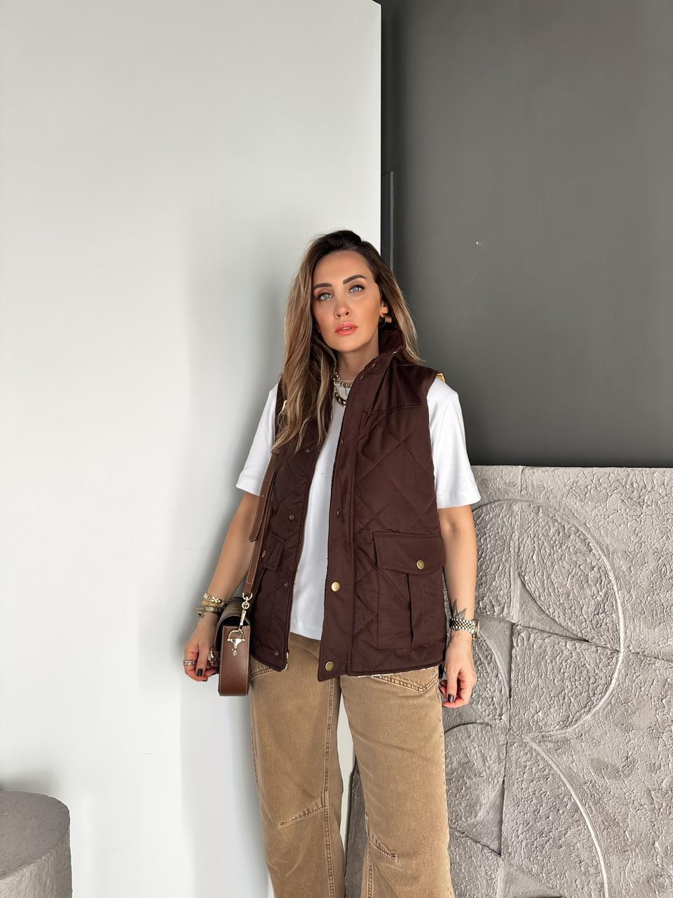 Kahve Kapitone Safari Yelek