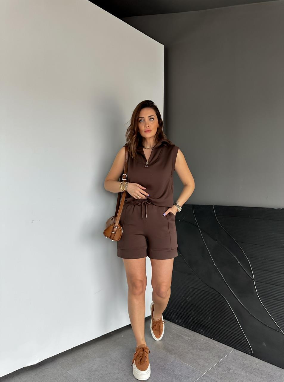 Kahve Polo Yaka Şortlu Modal Takım