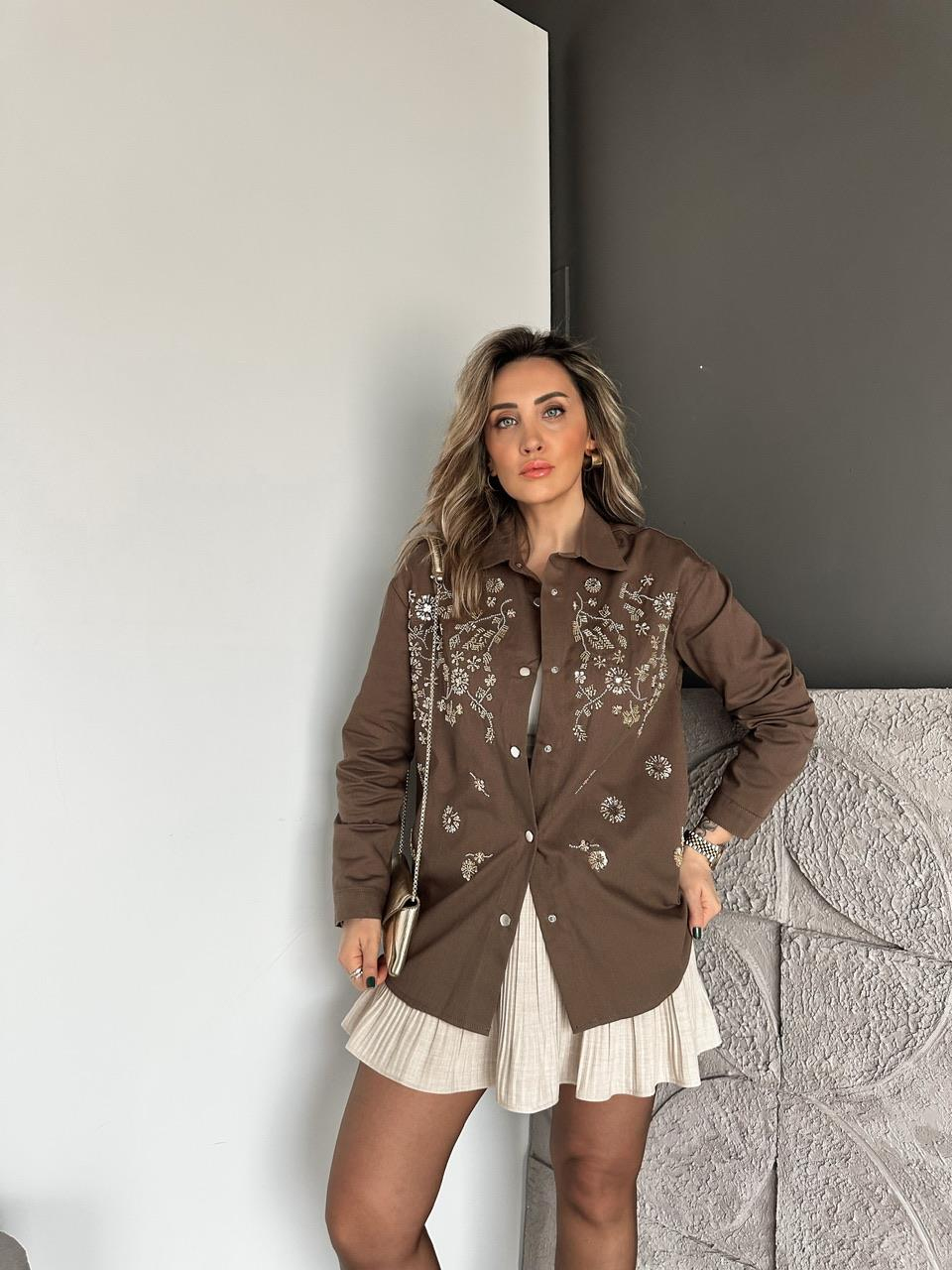 Kahve Pul Payet İşlemeli Gabardin Ceket