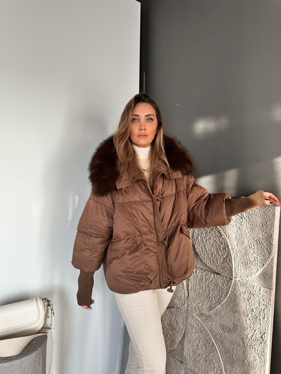 Kahve Triko Kollu Premium Şişme Mont