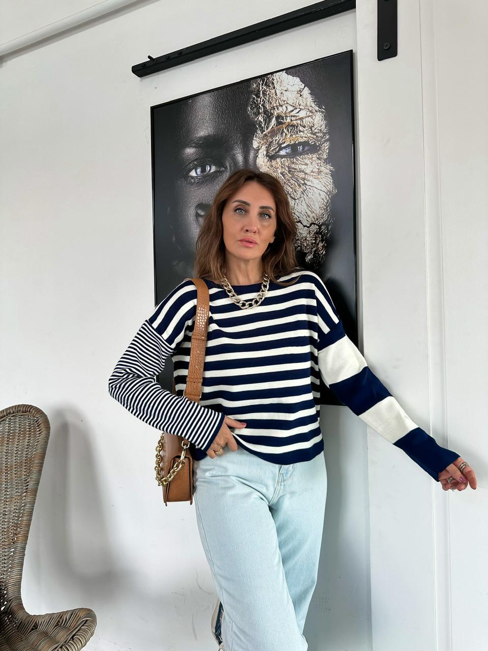 Lacivert Çizgili Basic Kazak