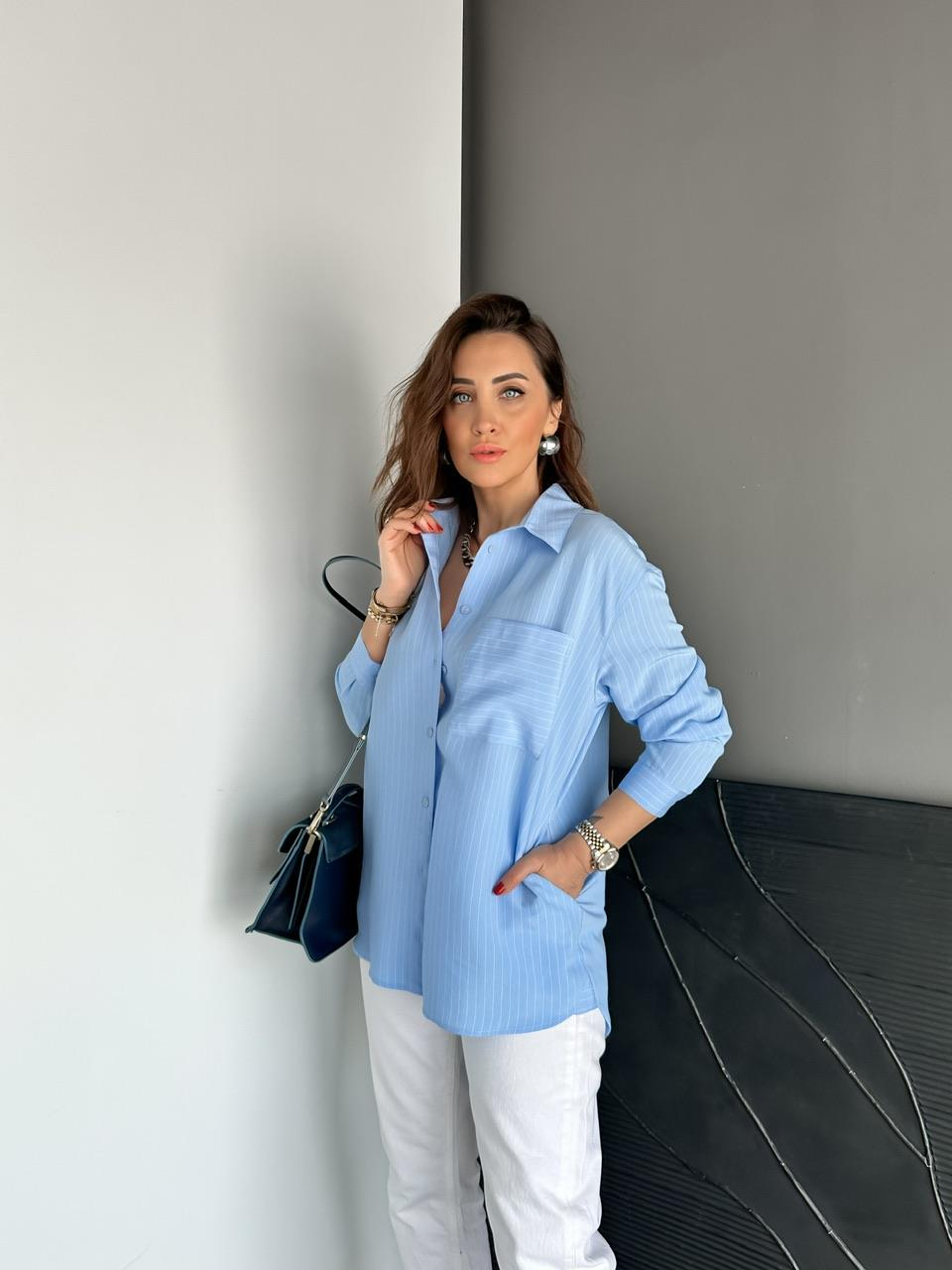 Mavi Çizgili Cepli Basic Gömlek