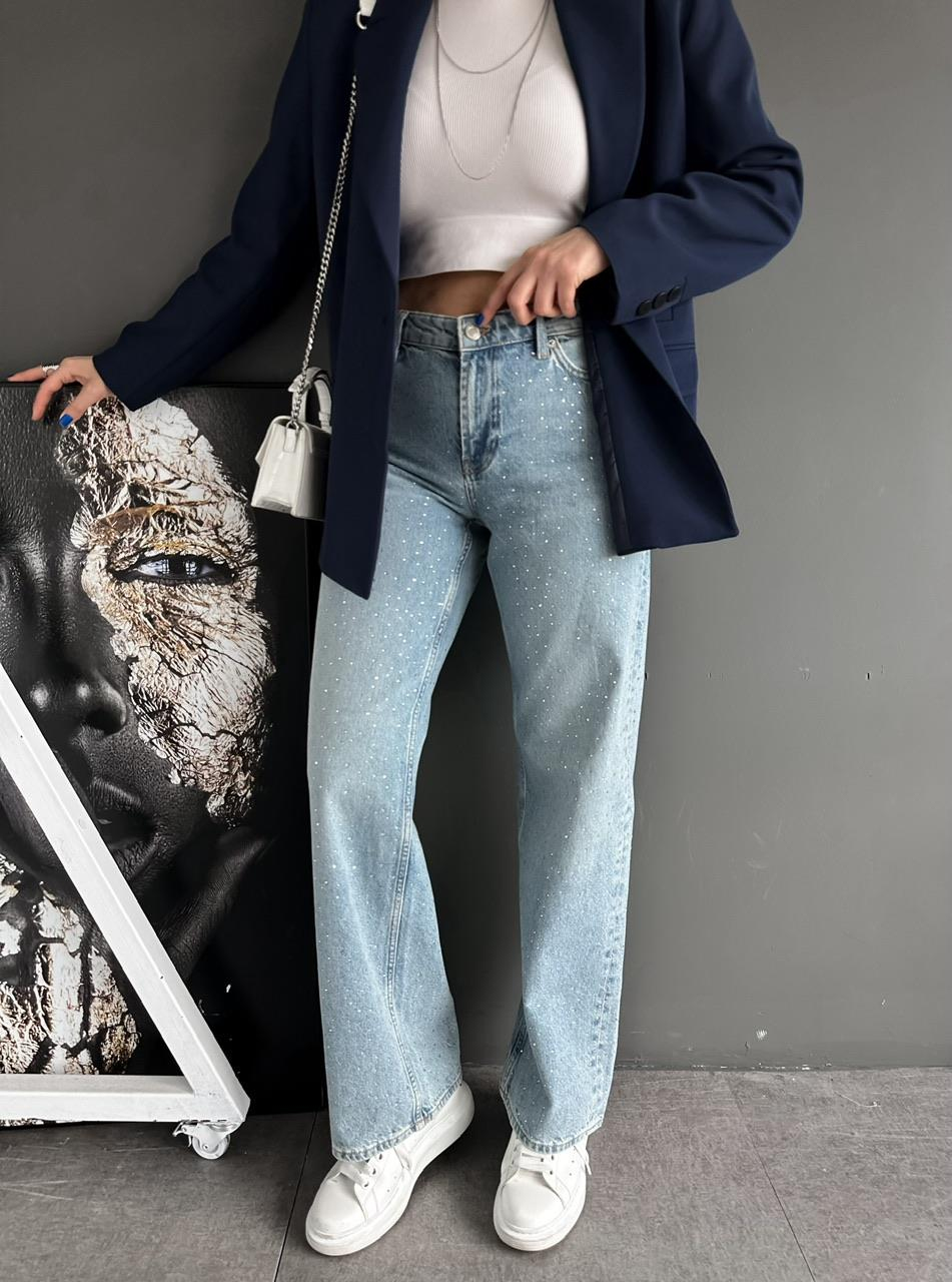 Mavi Serpme Taşlı Jean