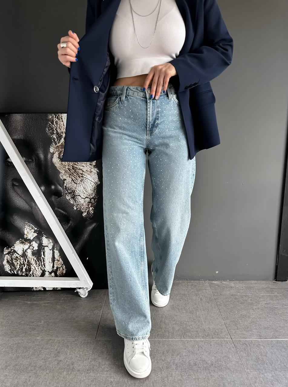 Mavi Serpme Taşlı Jean