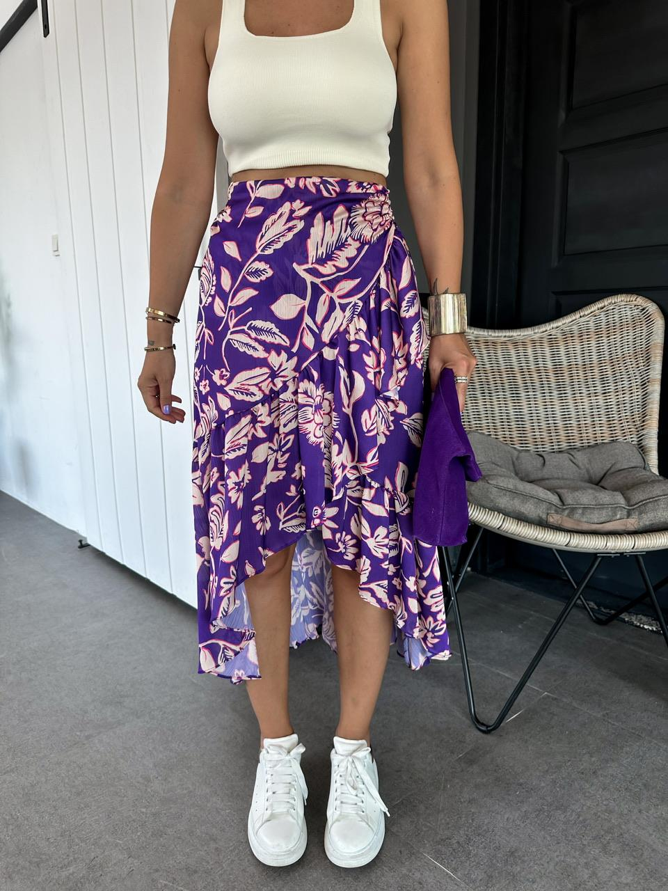 Mor Çiçekli Drapeli Etek