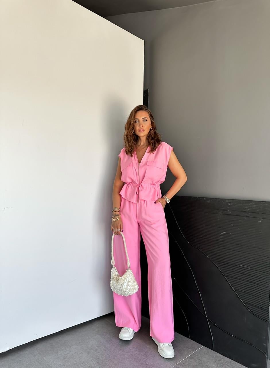 Pembe Büzülebilir Yelekli Takım