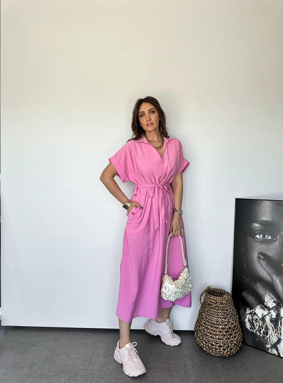Pembe Cepli Düğmeli Modal Elbise