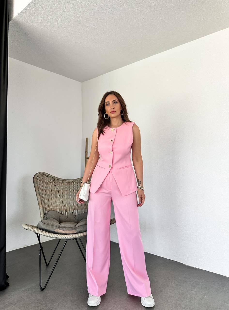 Pembe Gold Düğmeli Yelekli Takım