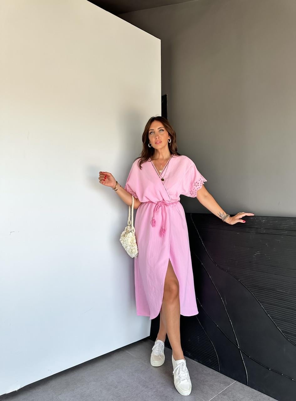Pembe Kolları Fistolu Kruvaze Elbise