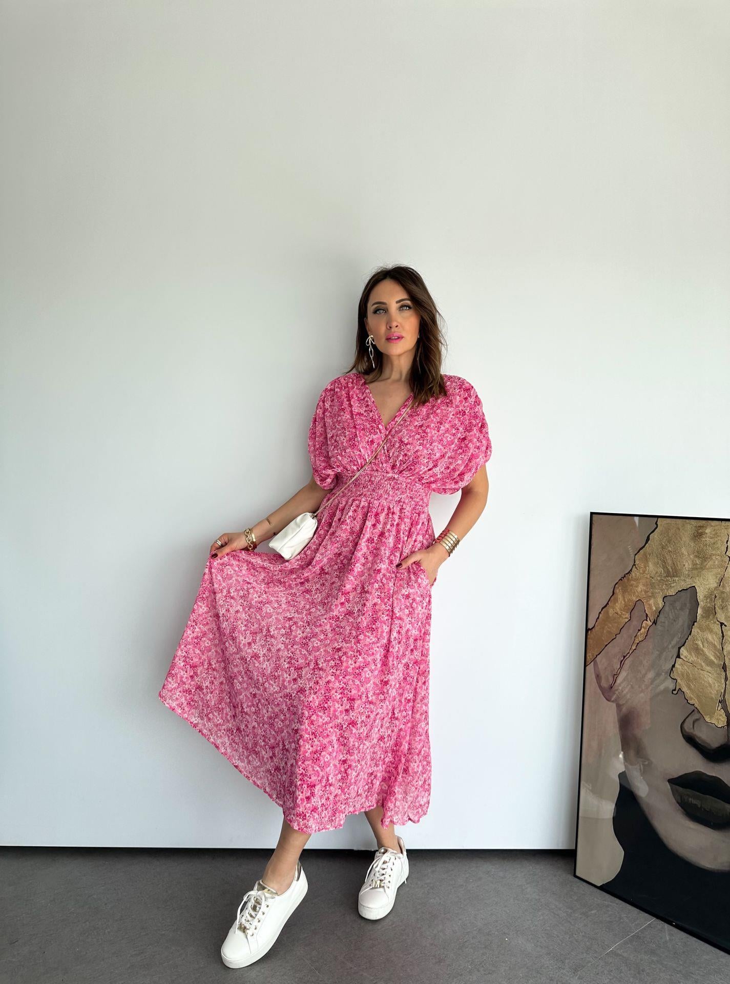 Pembe Minik Çiçekli Drapeli Elbise