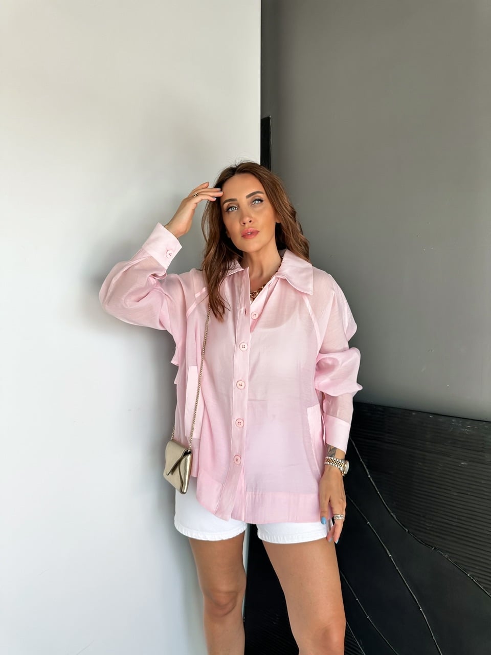 Pembe Yarasa Kol Oversize Gömlek