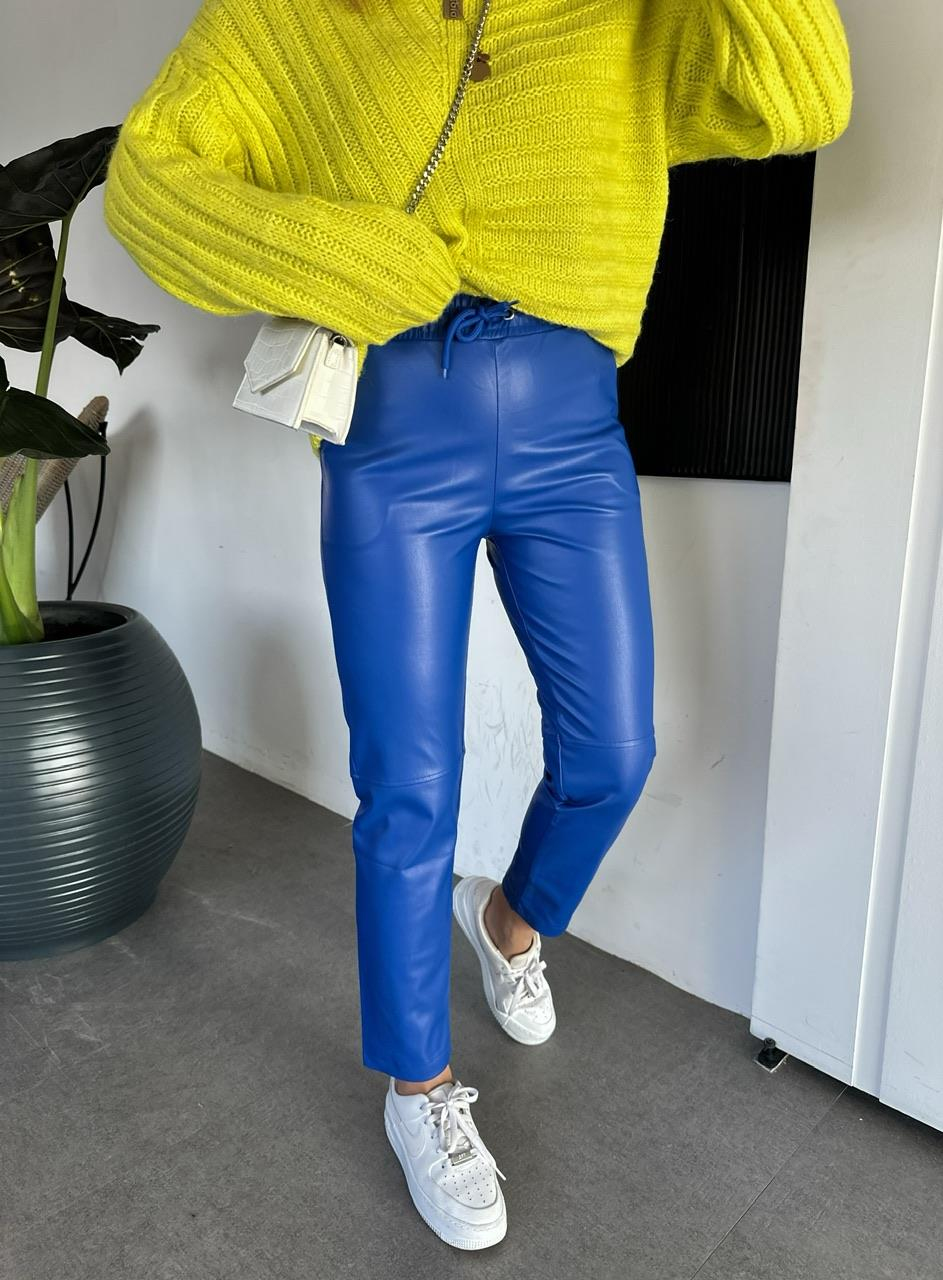 Saks Mavi Beli Lastikli Basic Deri Pantolon