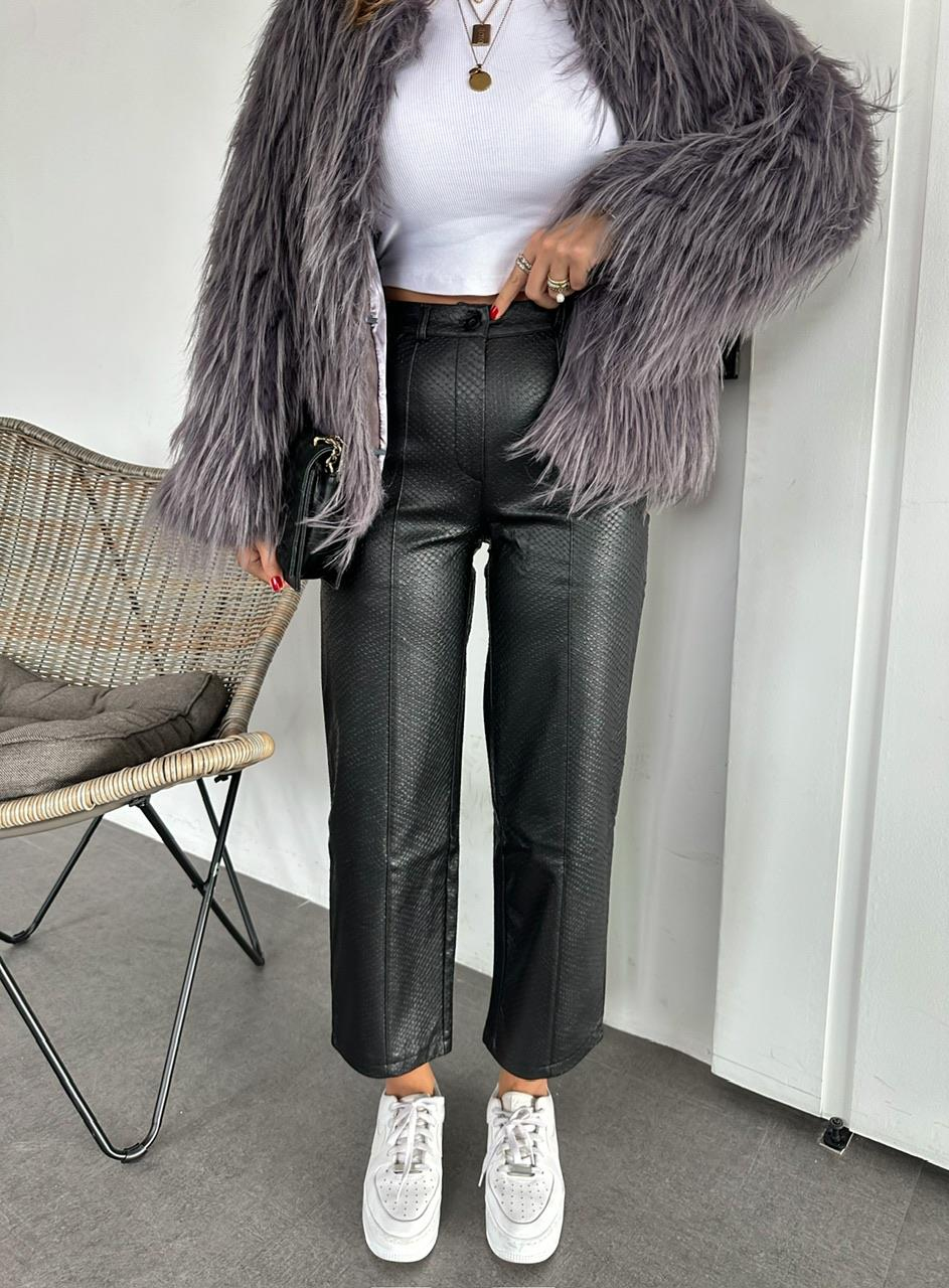 Siyah Krokodil Basic Deri Pantolon