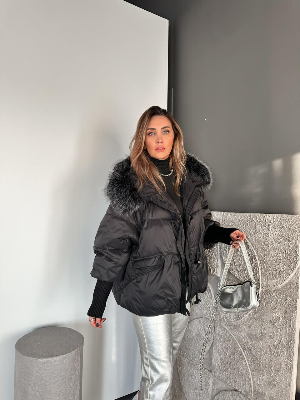Siyah Triko Kollu Premium Şişme Mont