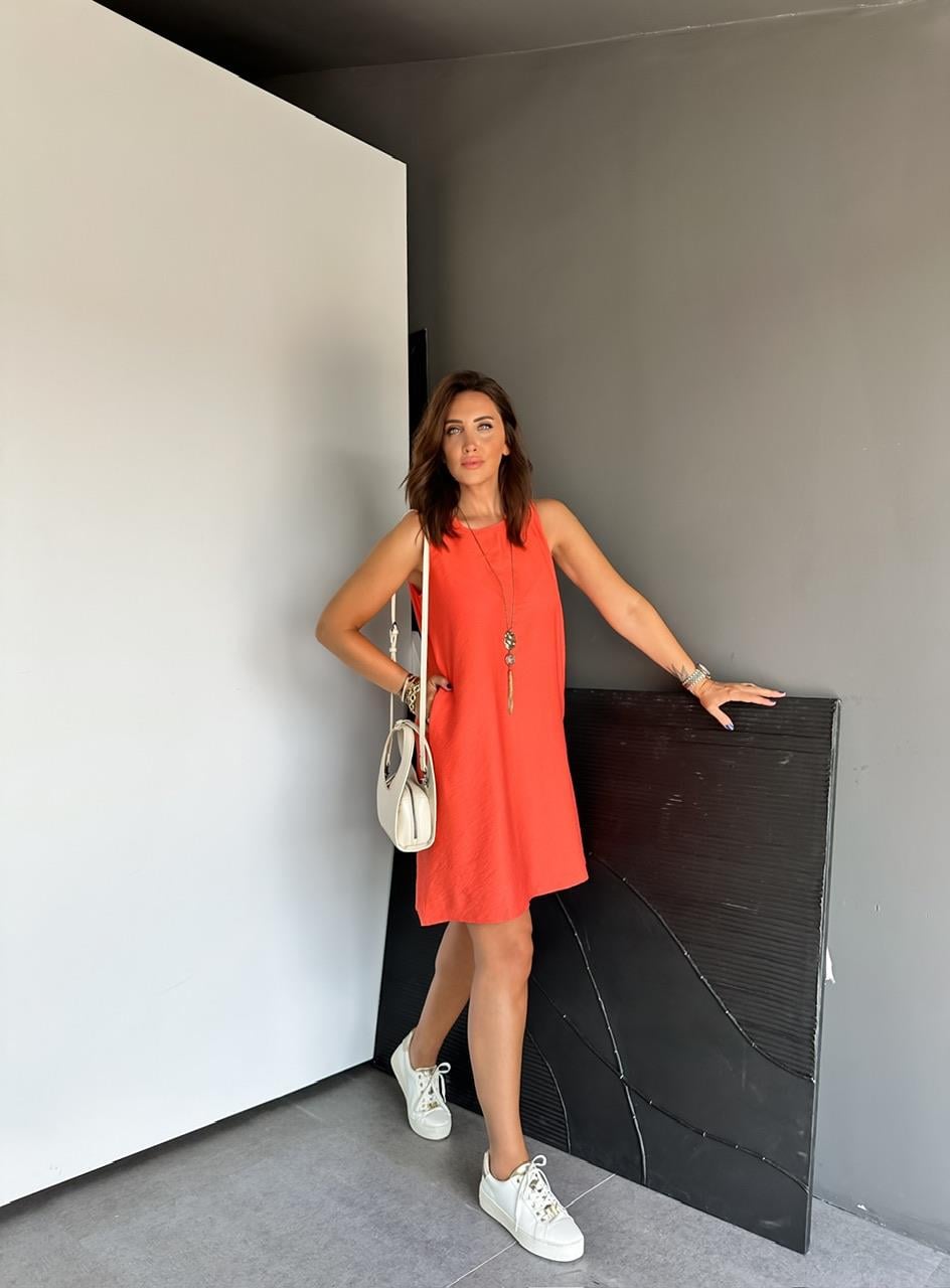 Turuncu Cepli Basic Cotton Elbise