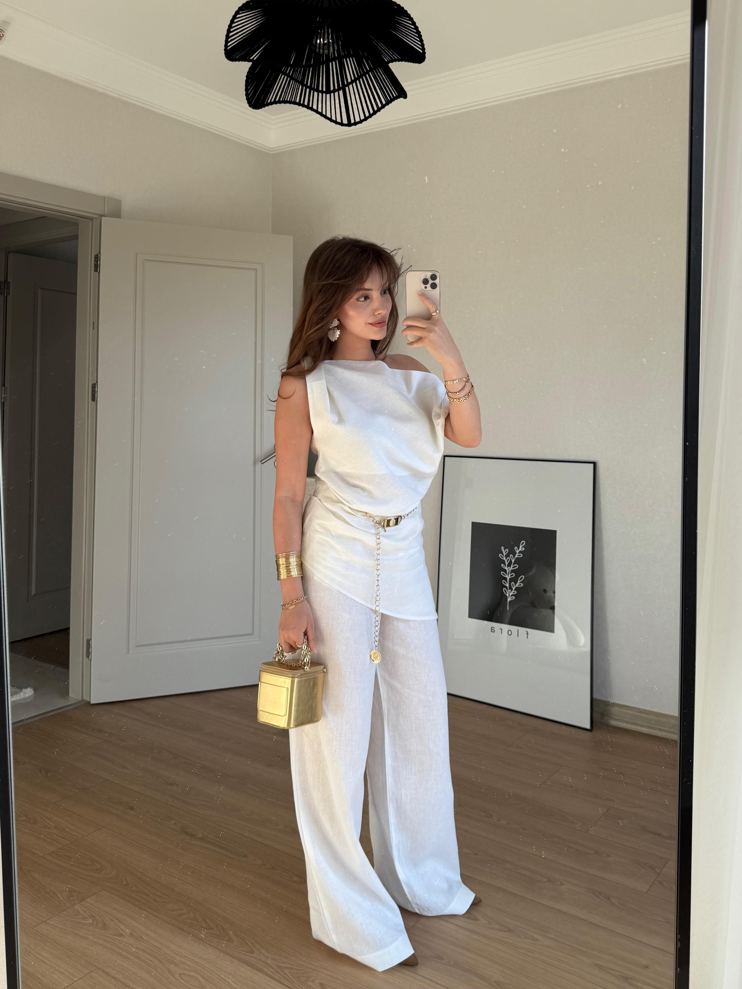 TAKIMECMEL BAŞARANBeyaz Taran Bluz Pantolon %100 Keten Takım