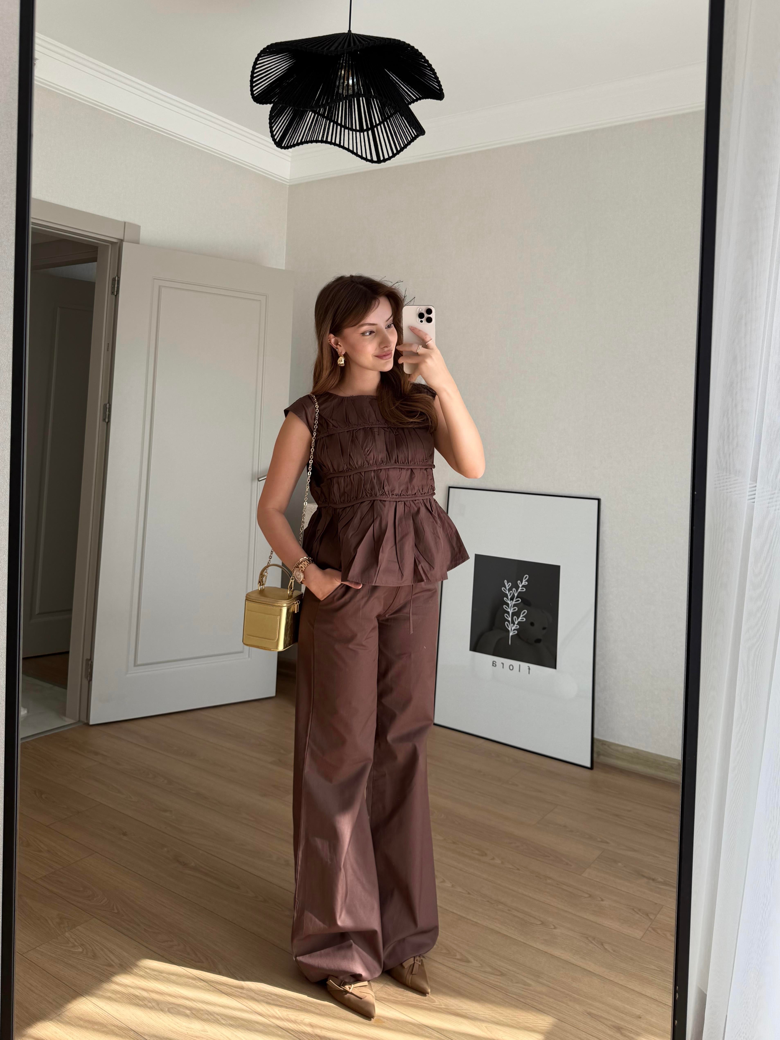 TAKIMECMEL BAŞARANKAHVERENGİ LAYER PANTALON BLUZ TAKIM