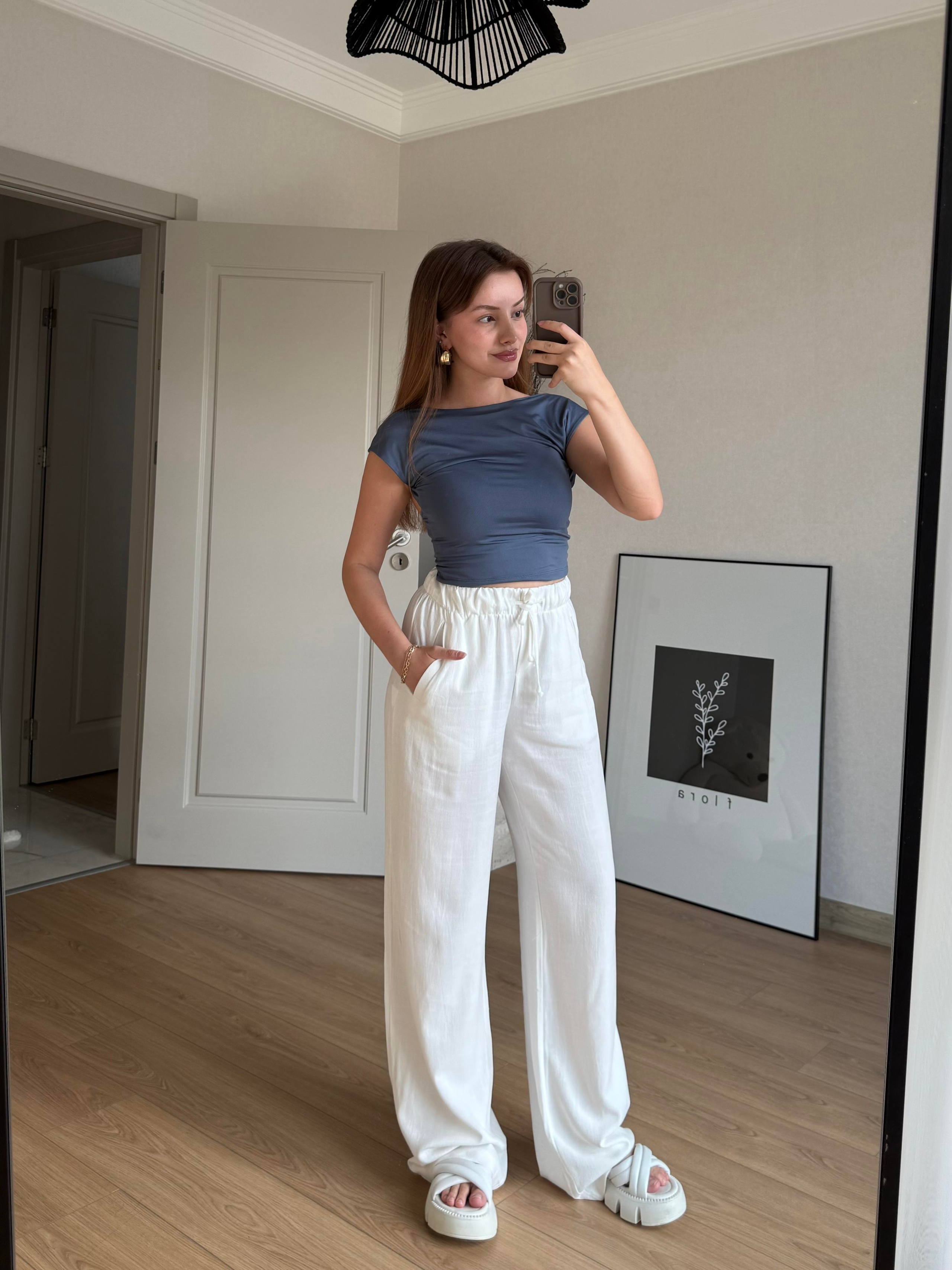 ALT GİYİMECMEL BAŞARANKETEN LASTİKLİ PALAZZO BEYAZ PANTALON