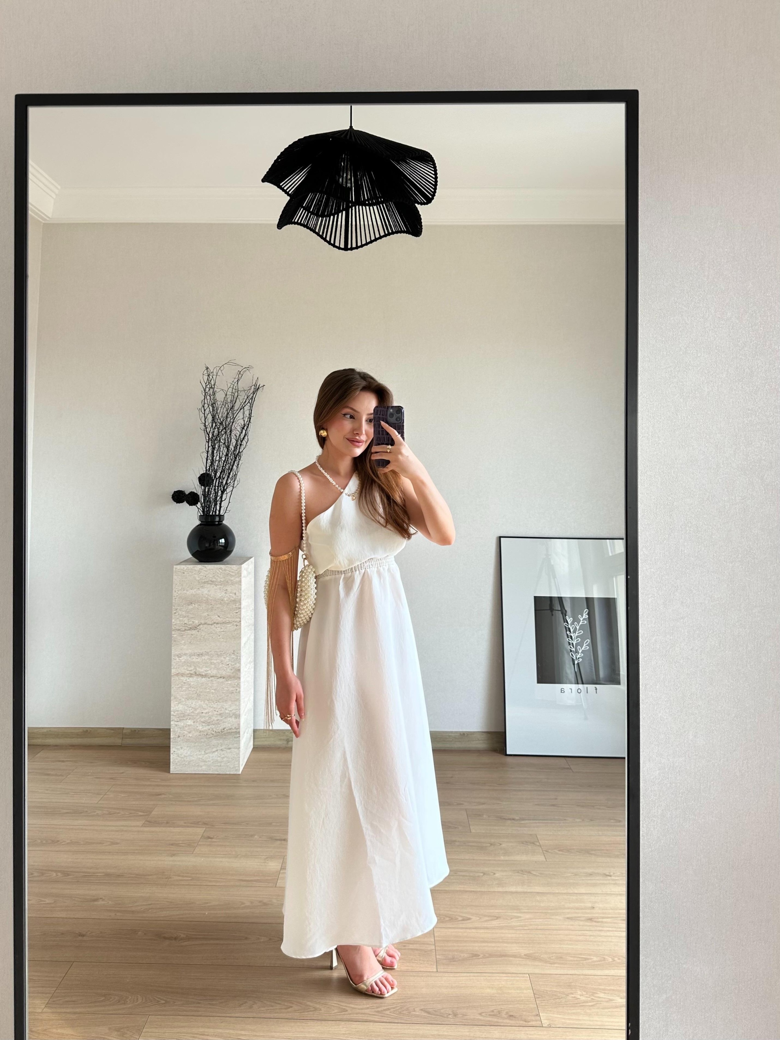 Beli Lastikli Tek Omuz Midi Elbise Ekru