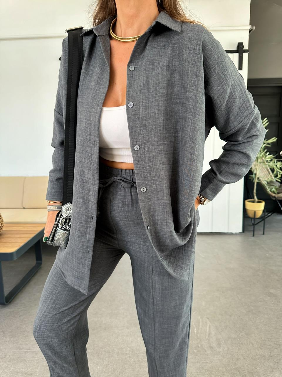 Antrasit Keten Gömlekli Basic Takım