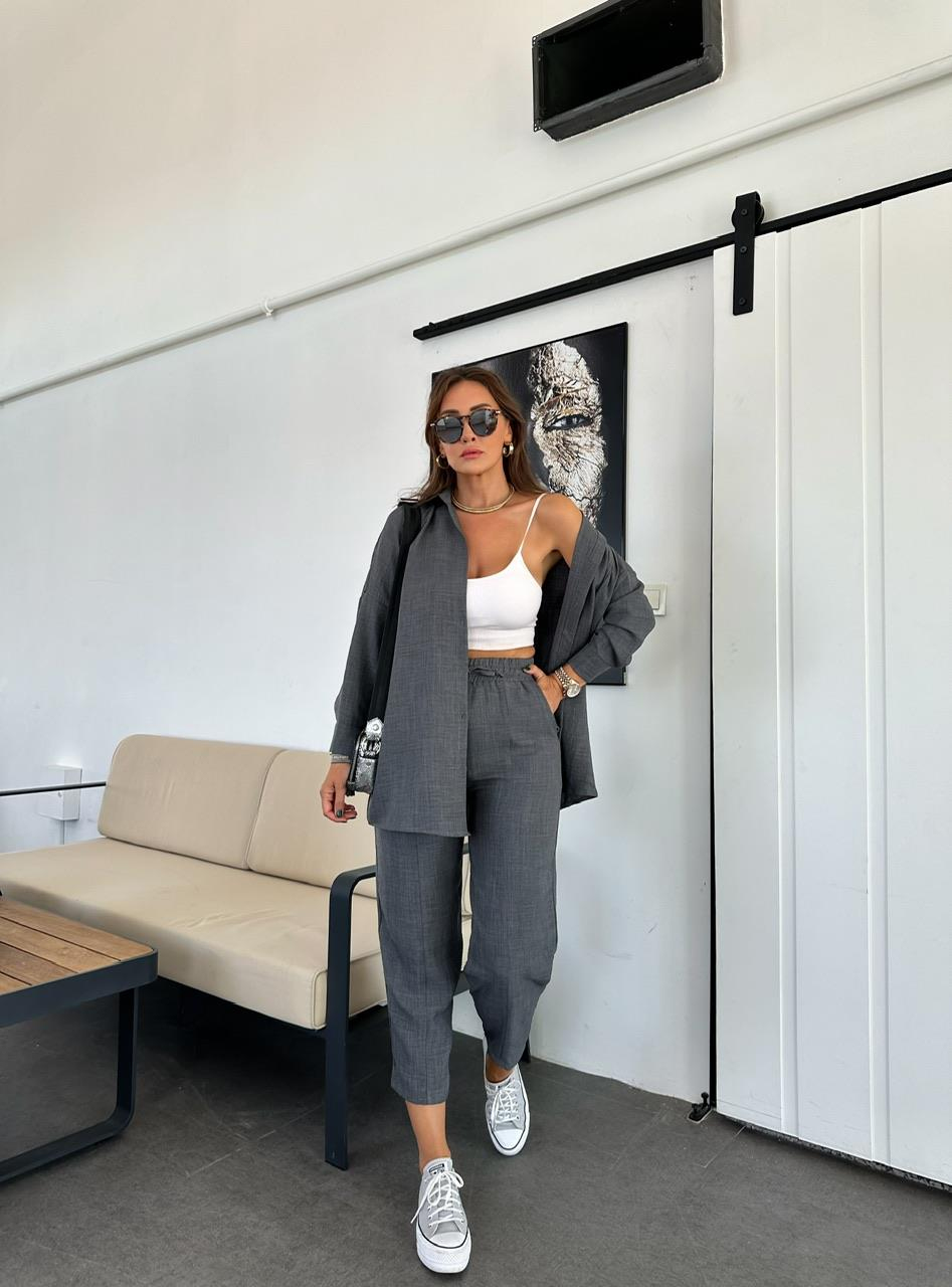 Antrasit Keten Gömlekli Basic Takım