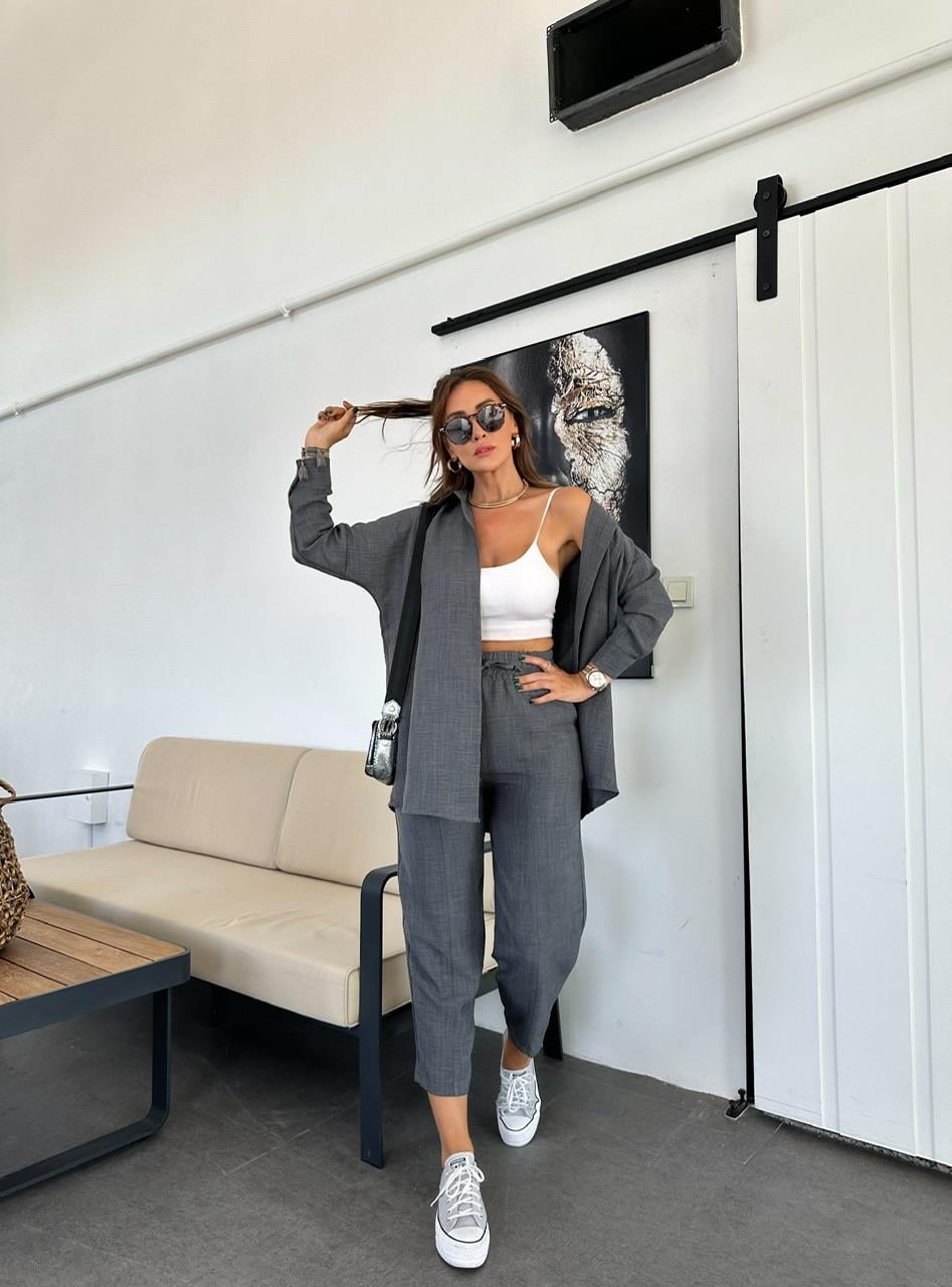 Antrasit Keten Gömlekli Basic Takım