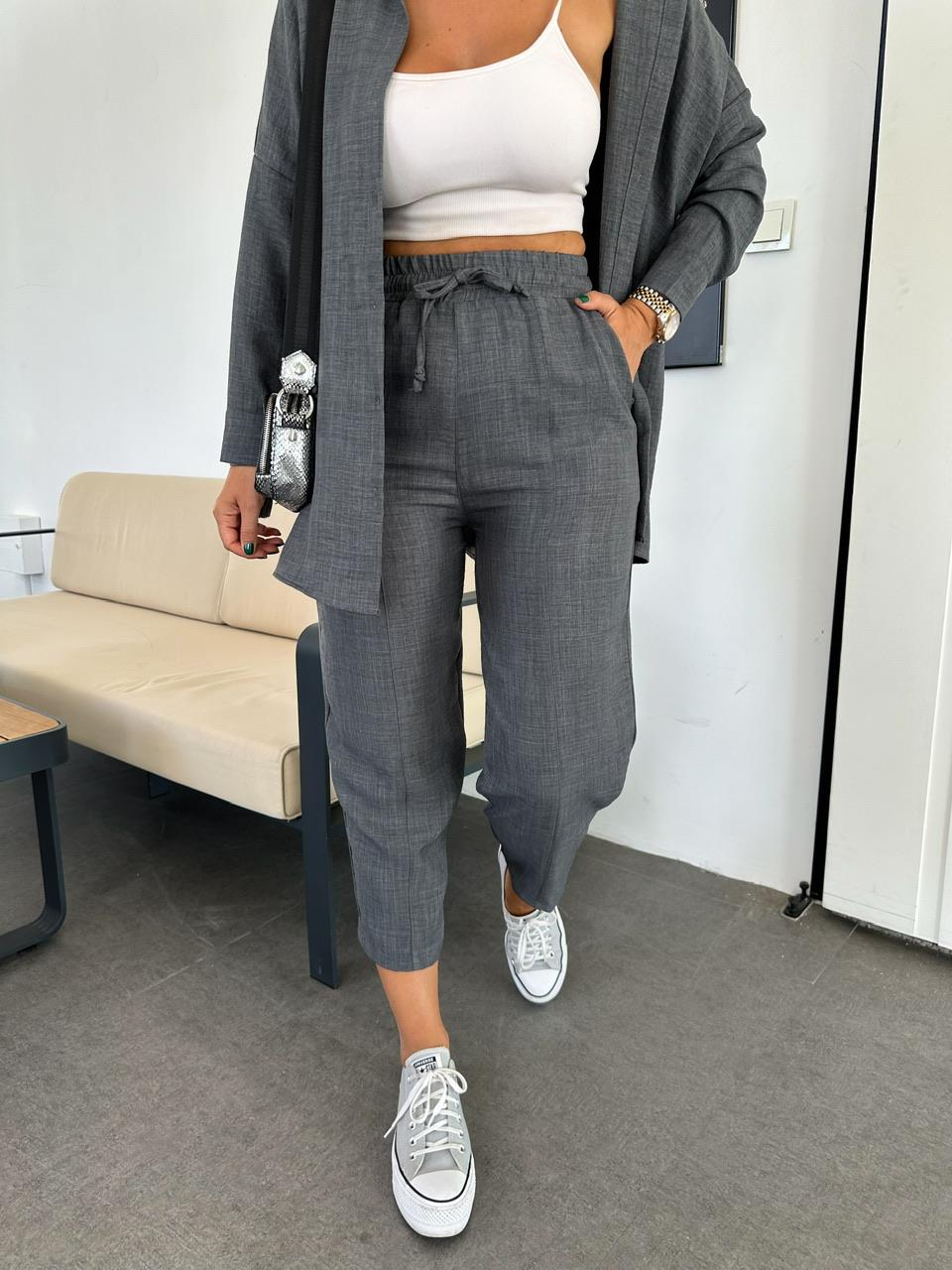 Antrasit Keten Gömlekli Basic Takım