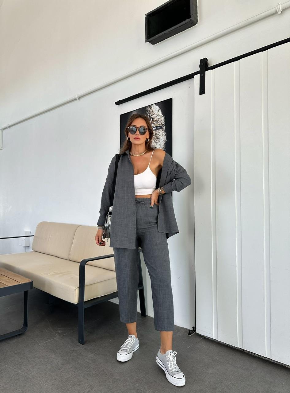 Antrasit Keten Gömlekli Basic Takım