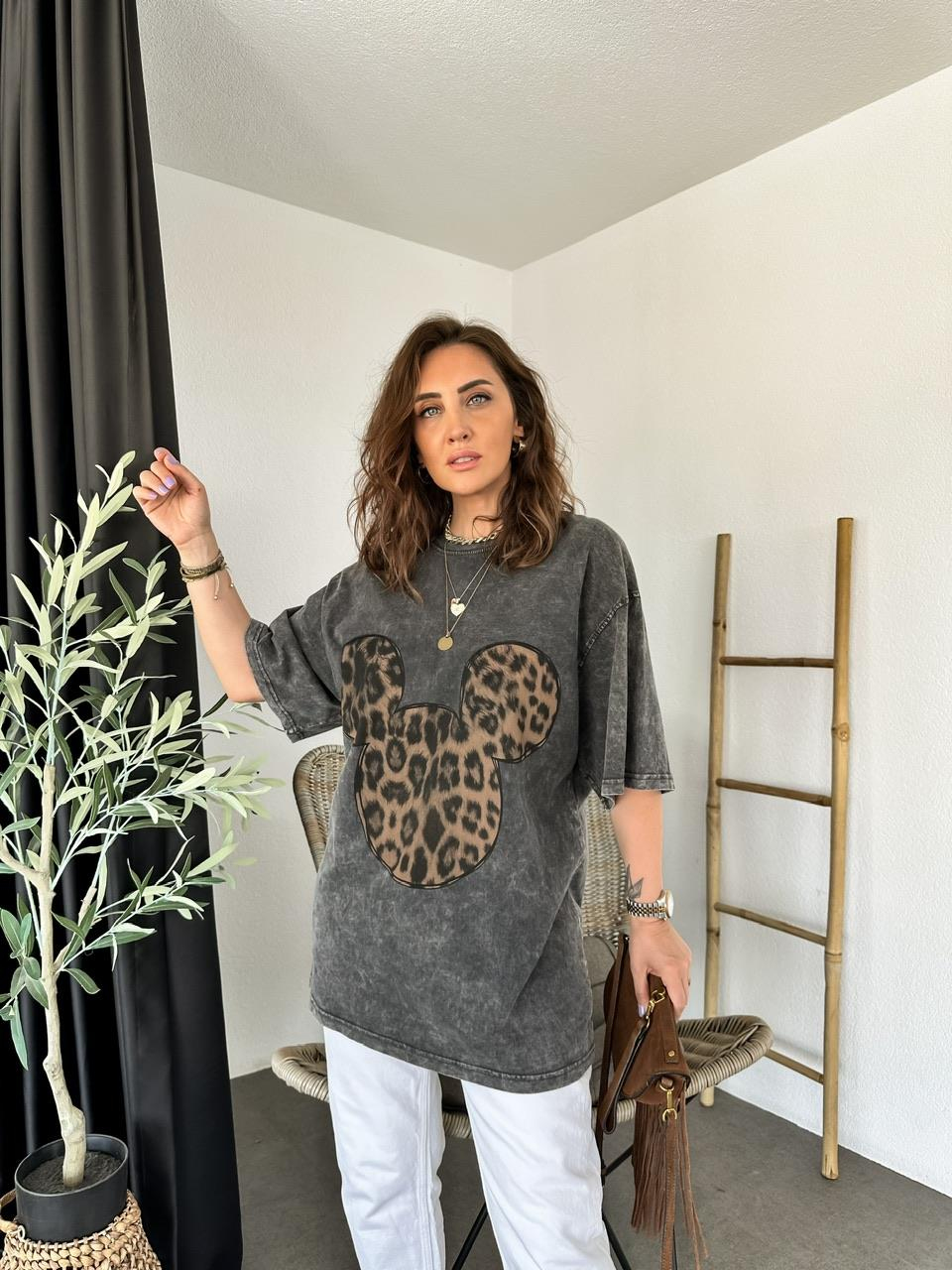 Antrasit Leopar Mickey Figürlü Tshirt