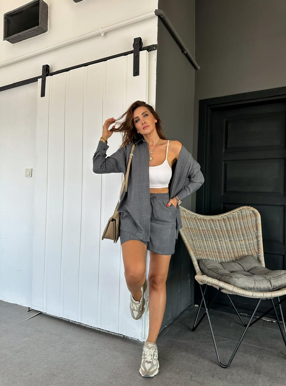 Antrasit Şortlu Keten Basic Takım