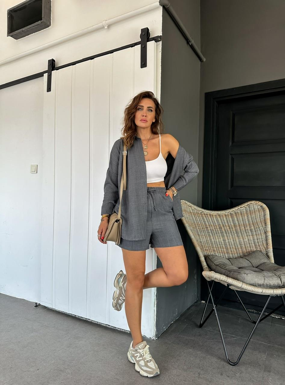 Antrasit Şortlu Keten Basic Takım