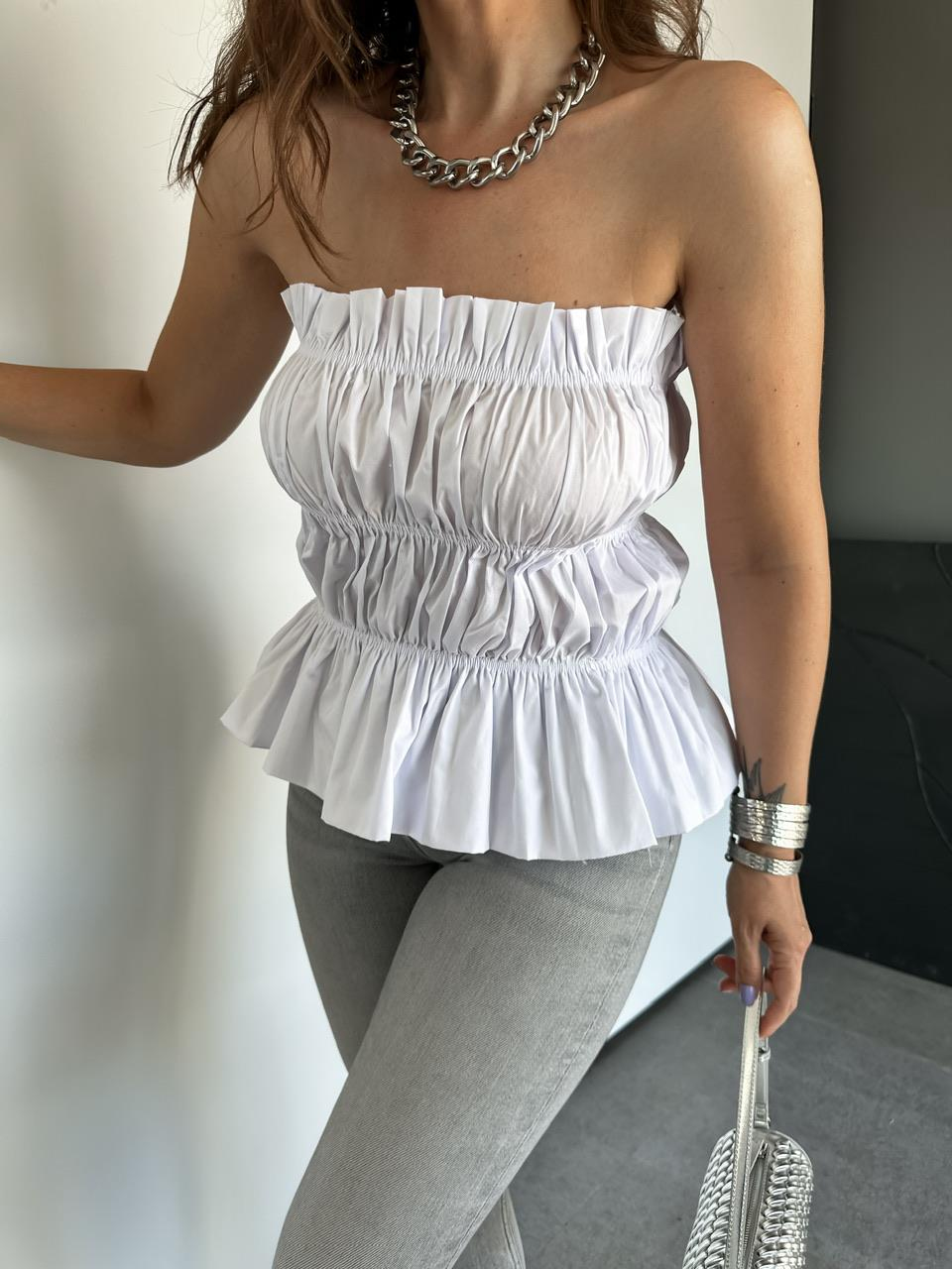 Beyaz Drapeli Straplez Bluz