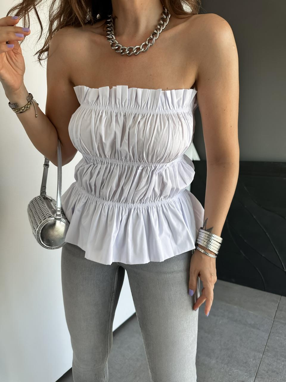 Beyaz Drapeli Straplez Bluz