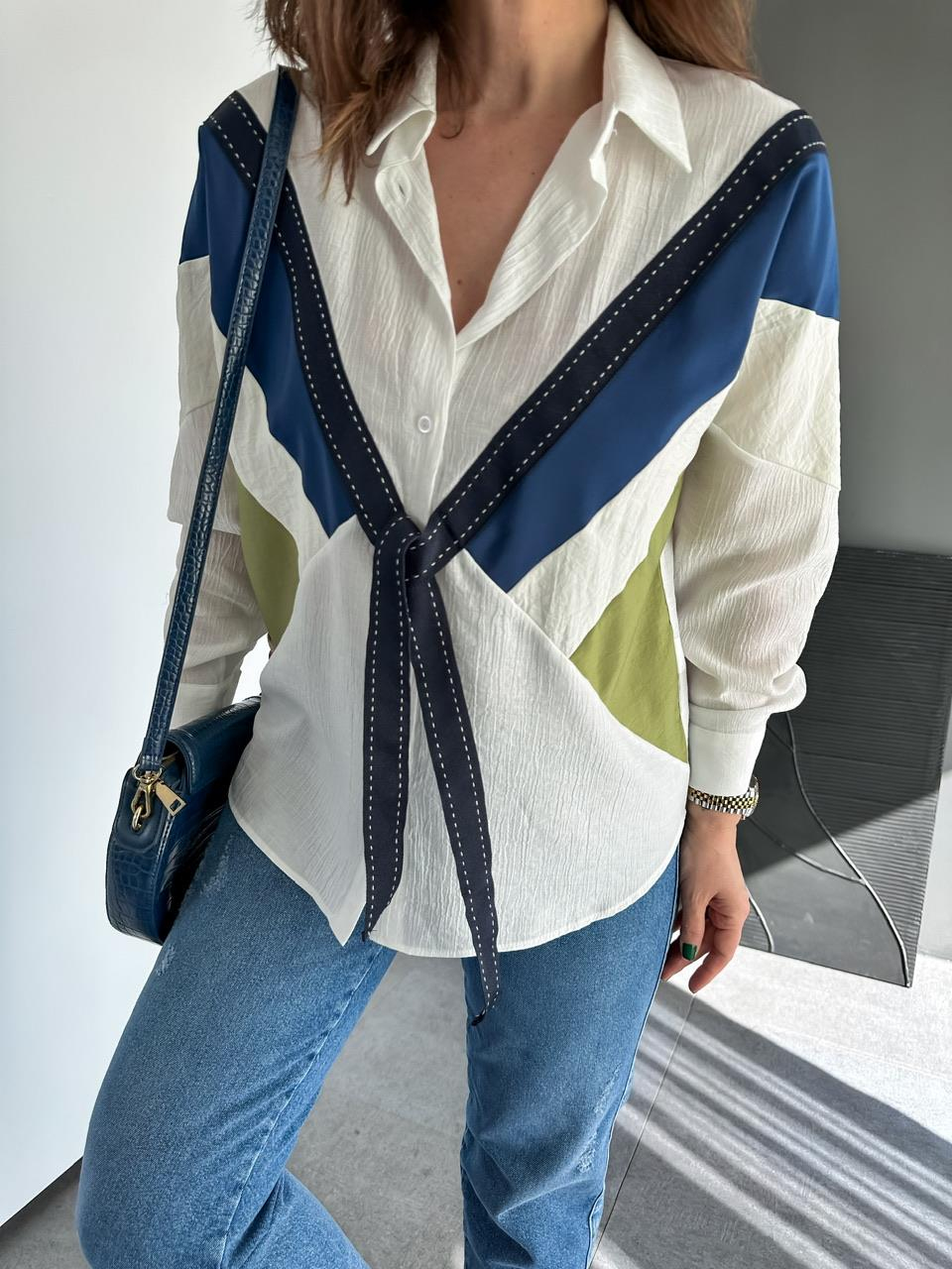 Beyaz Grogrenlı Tasarım Gömlek