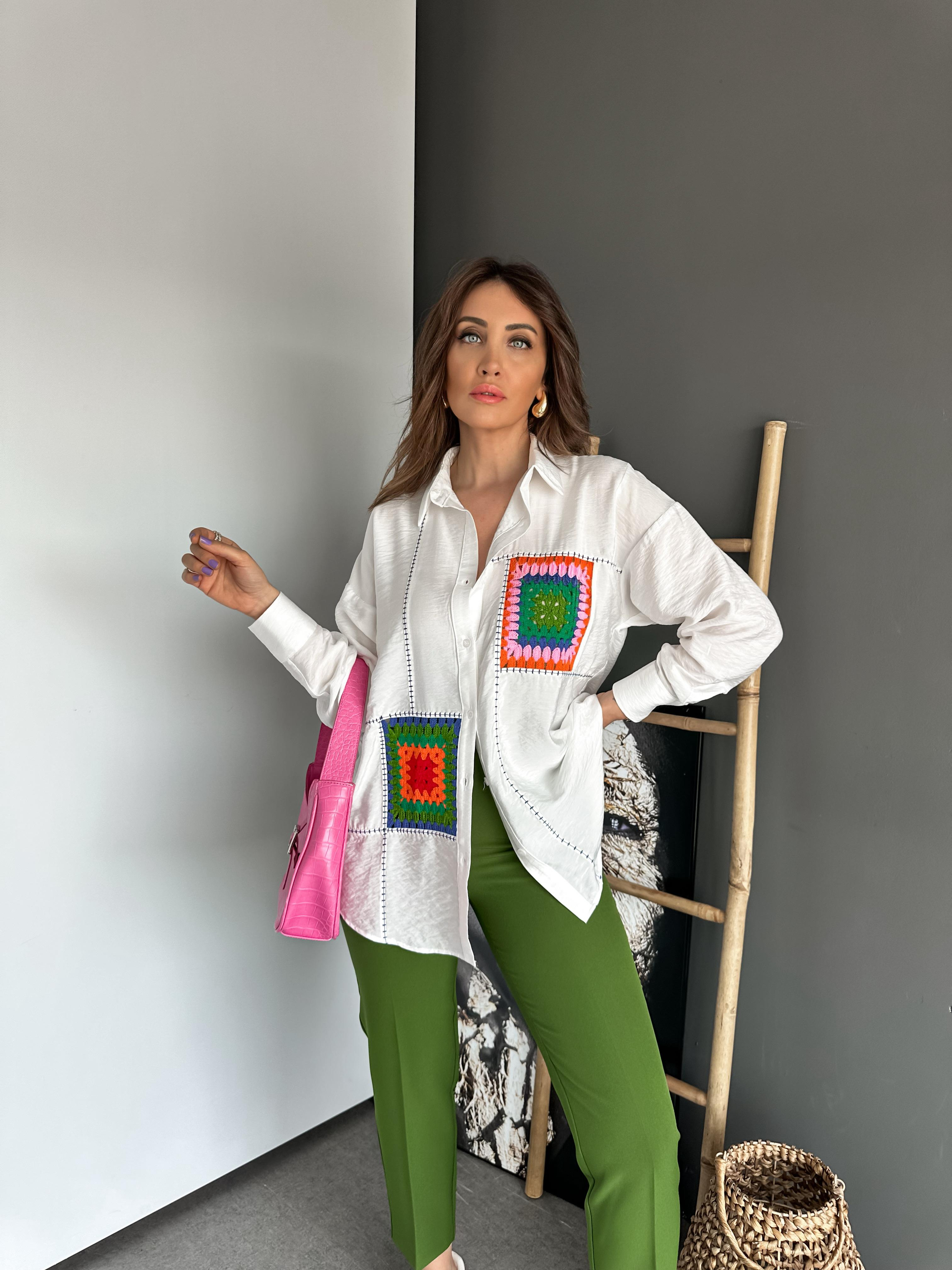 Beyaz Patchwork Parçalı Gömlek