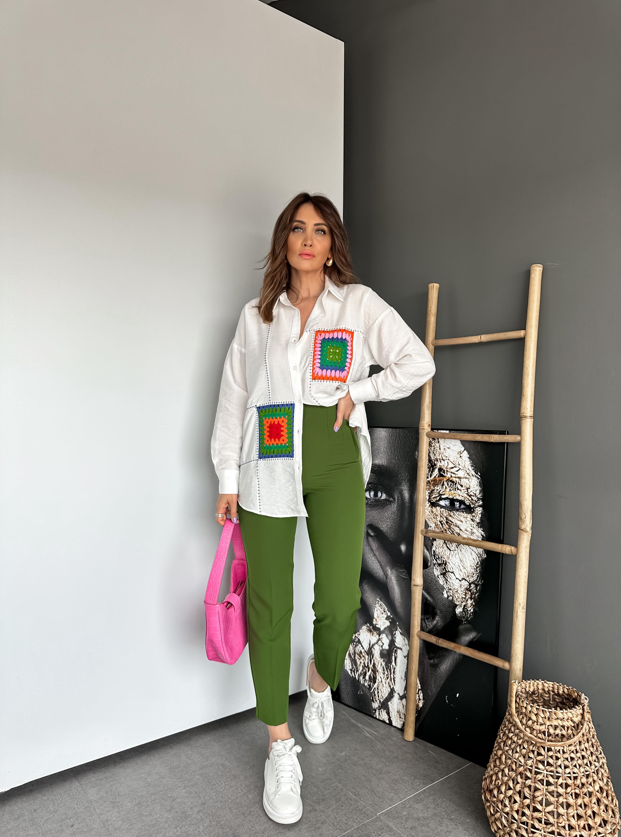 Beyaz Patchwork Parçalı Gömlek