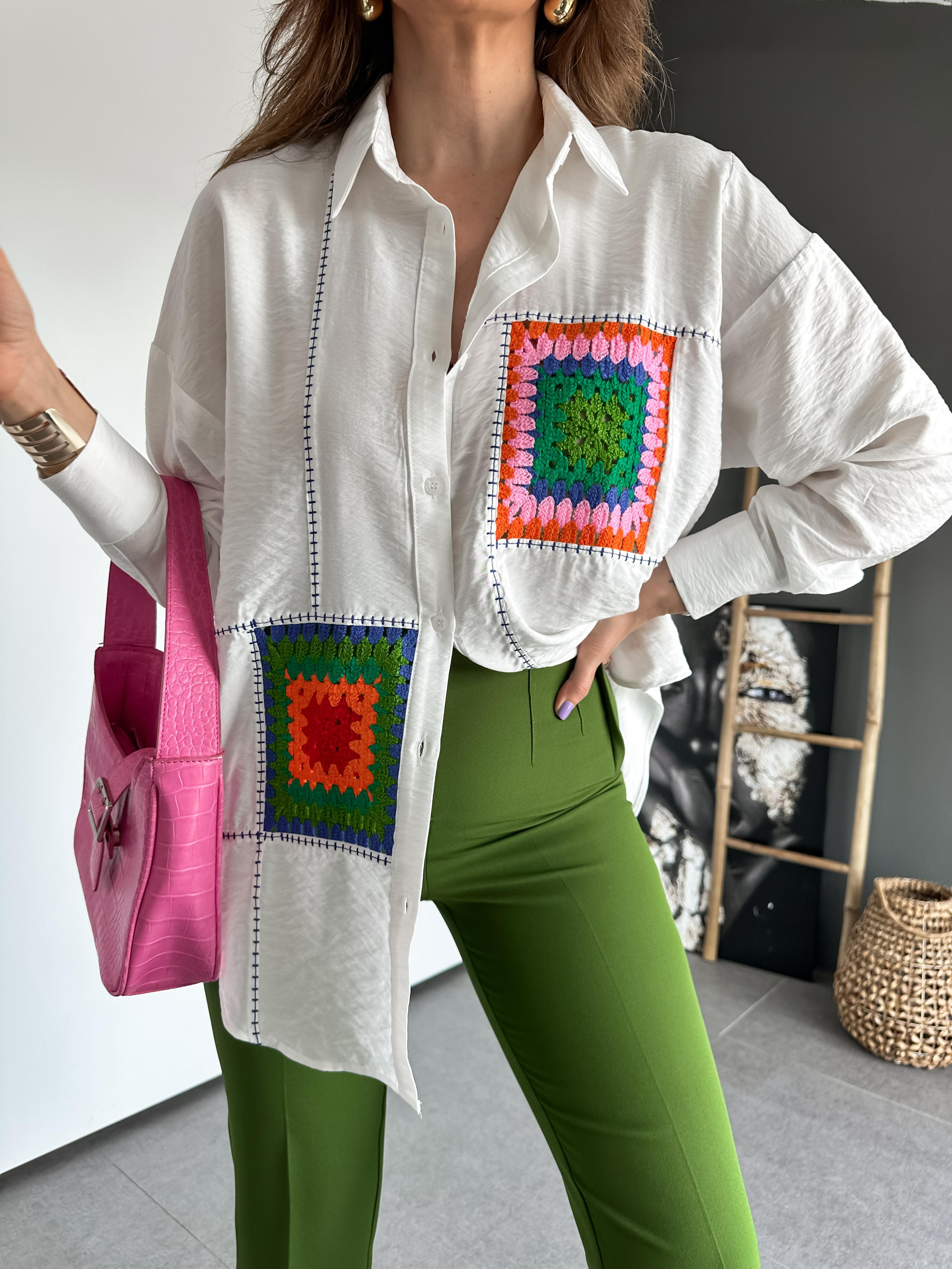 Beyaz Patchwork Parçalı Gömlek