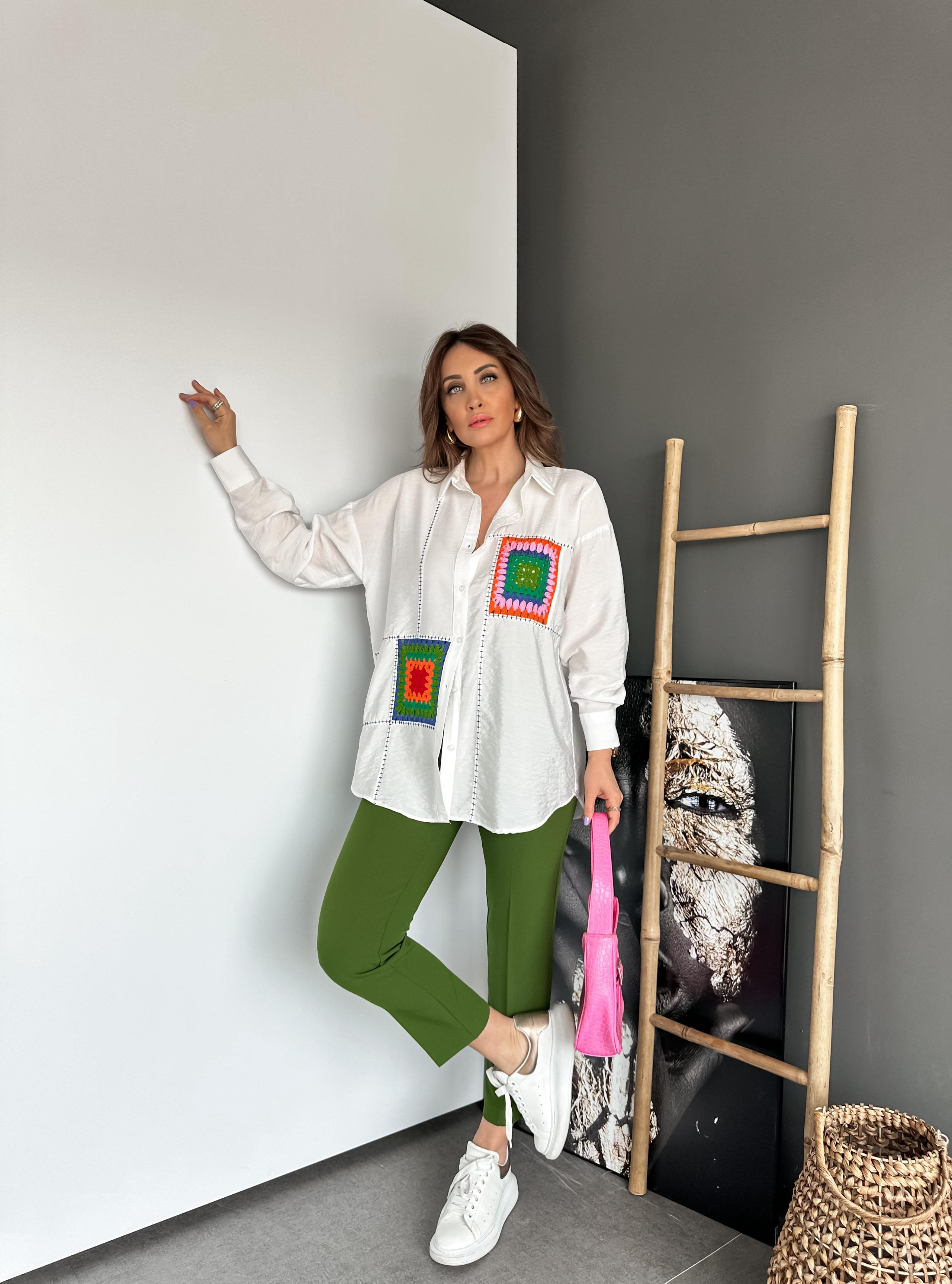 Beyaz Patchwork Parçalı Gömlek