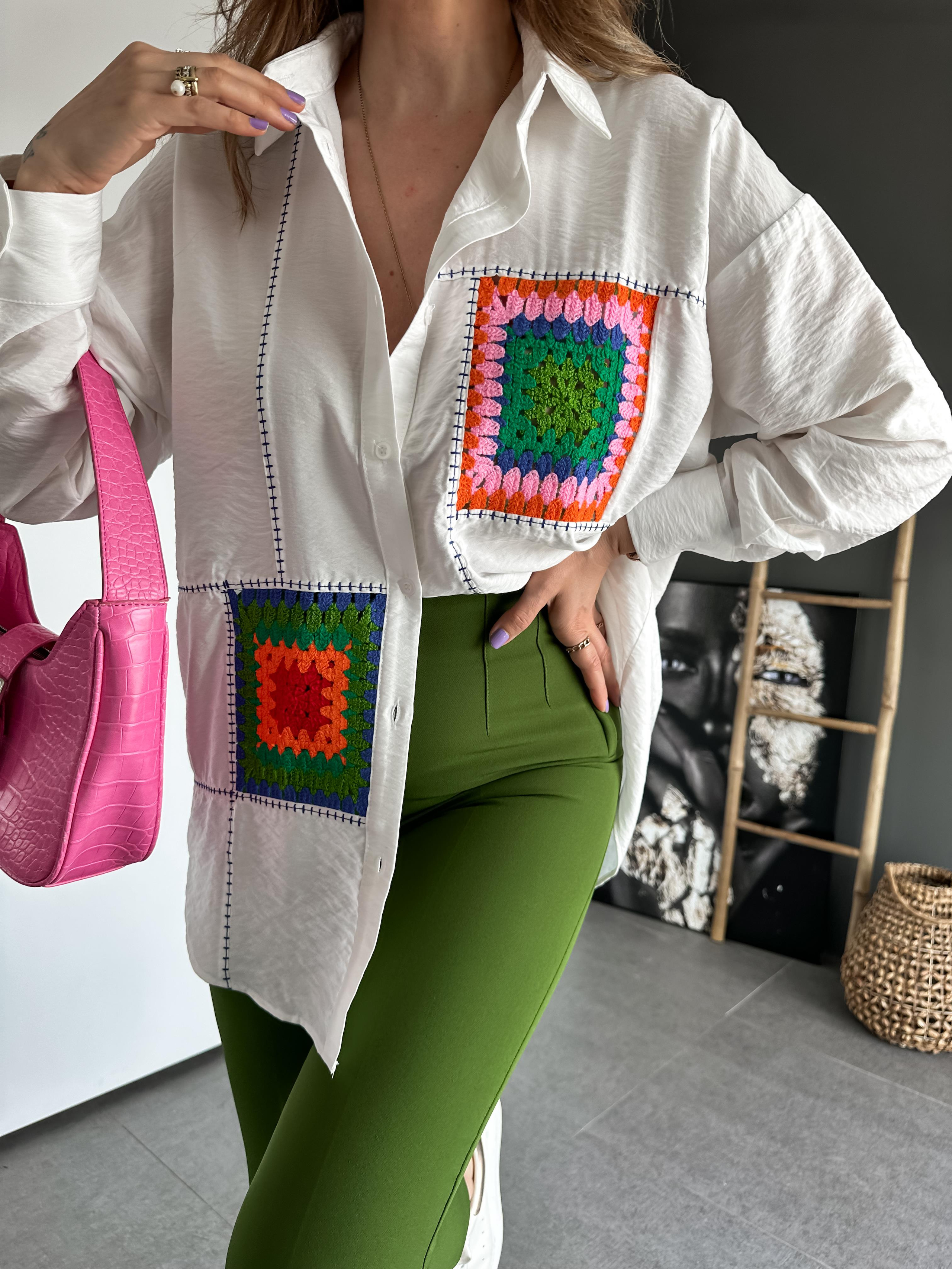 Beyaz Patchwork Parçalı Gömlek