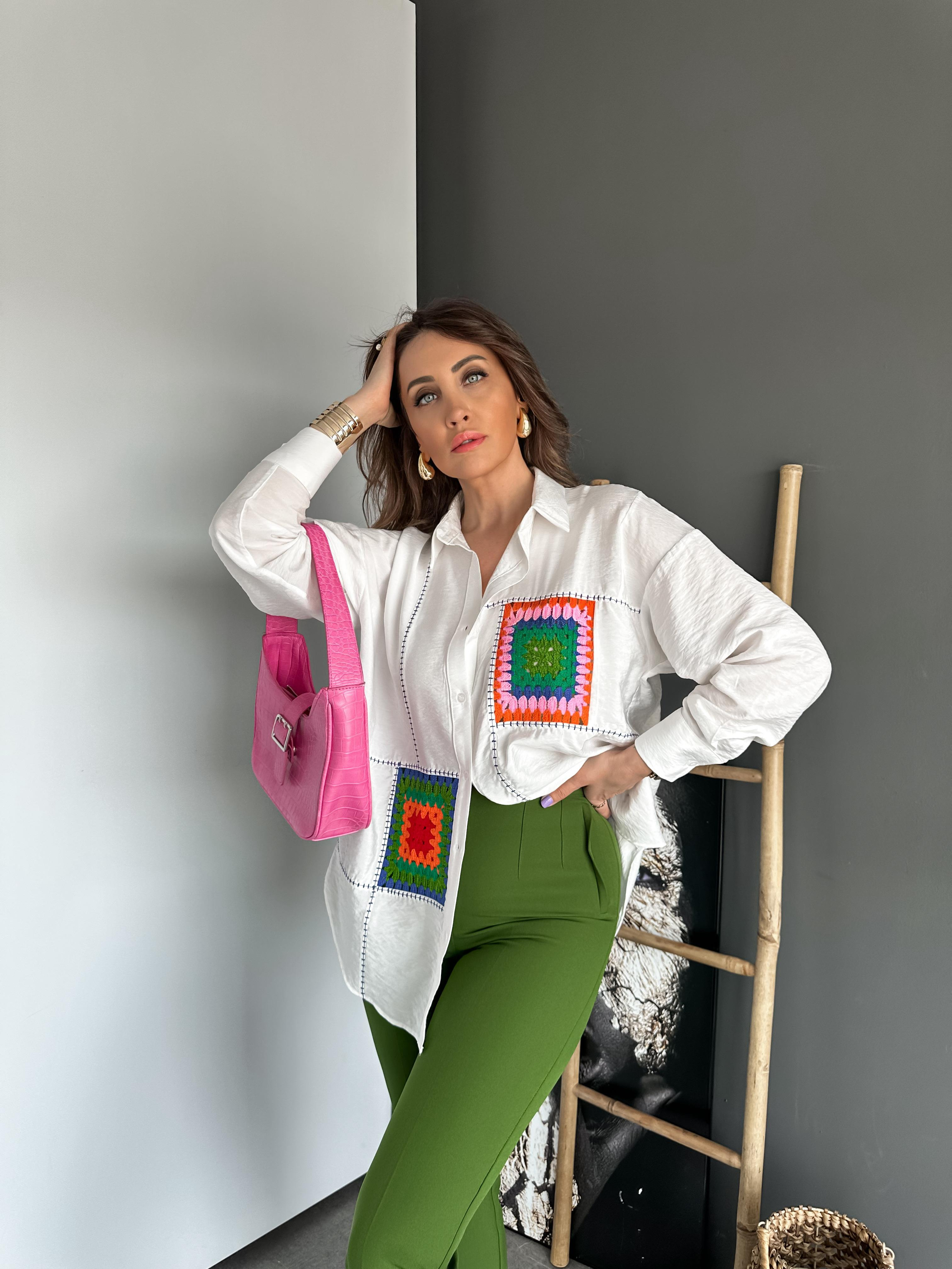 Beyaz Patchwork Parçalı Gömlek