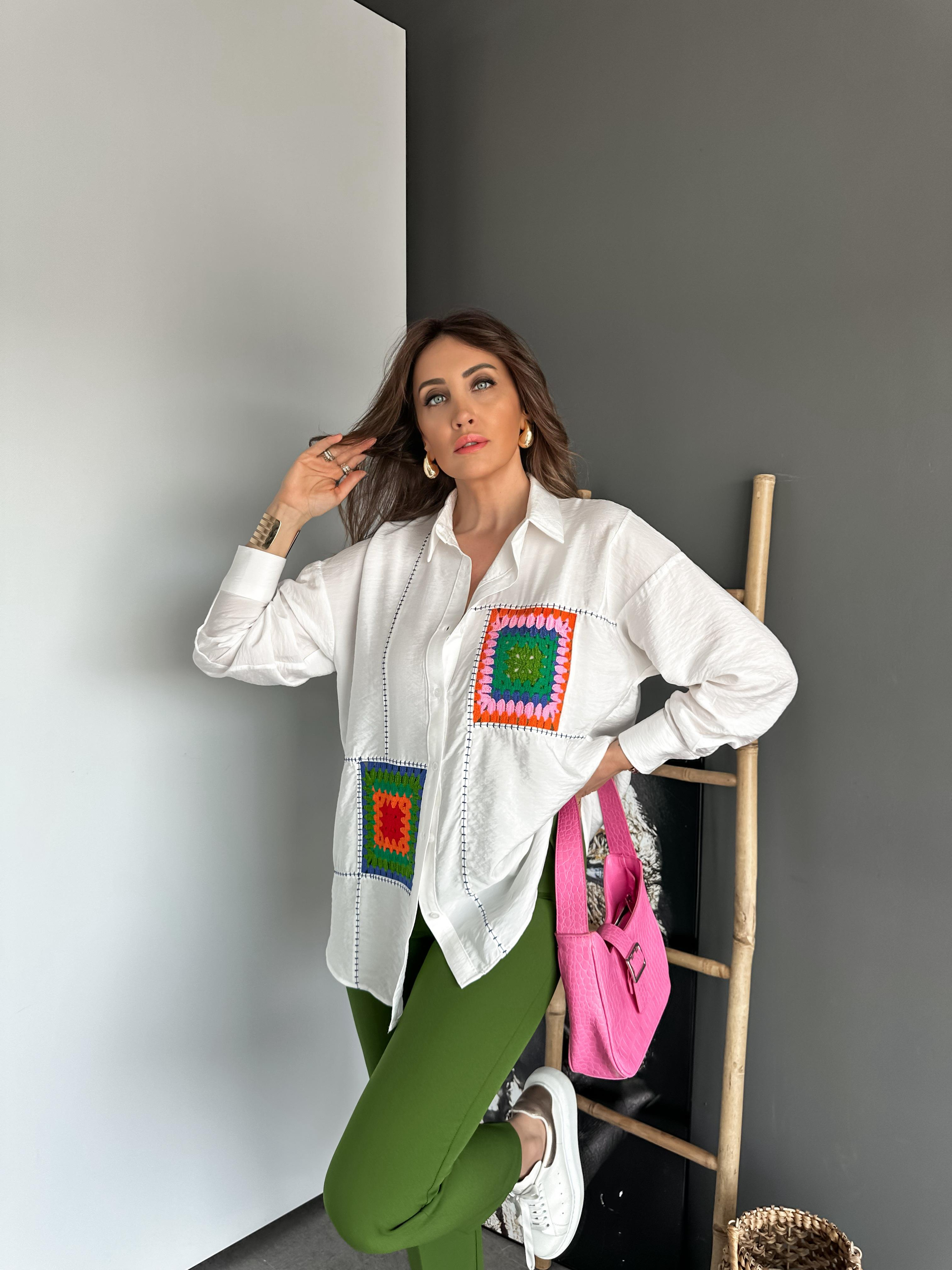 Beyaz Patchwork Parçalı Gömlek