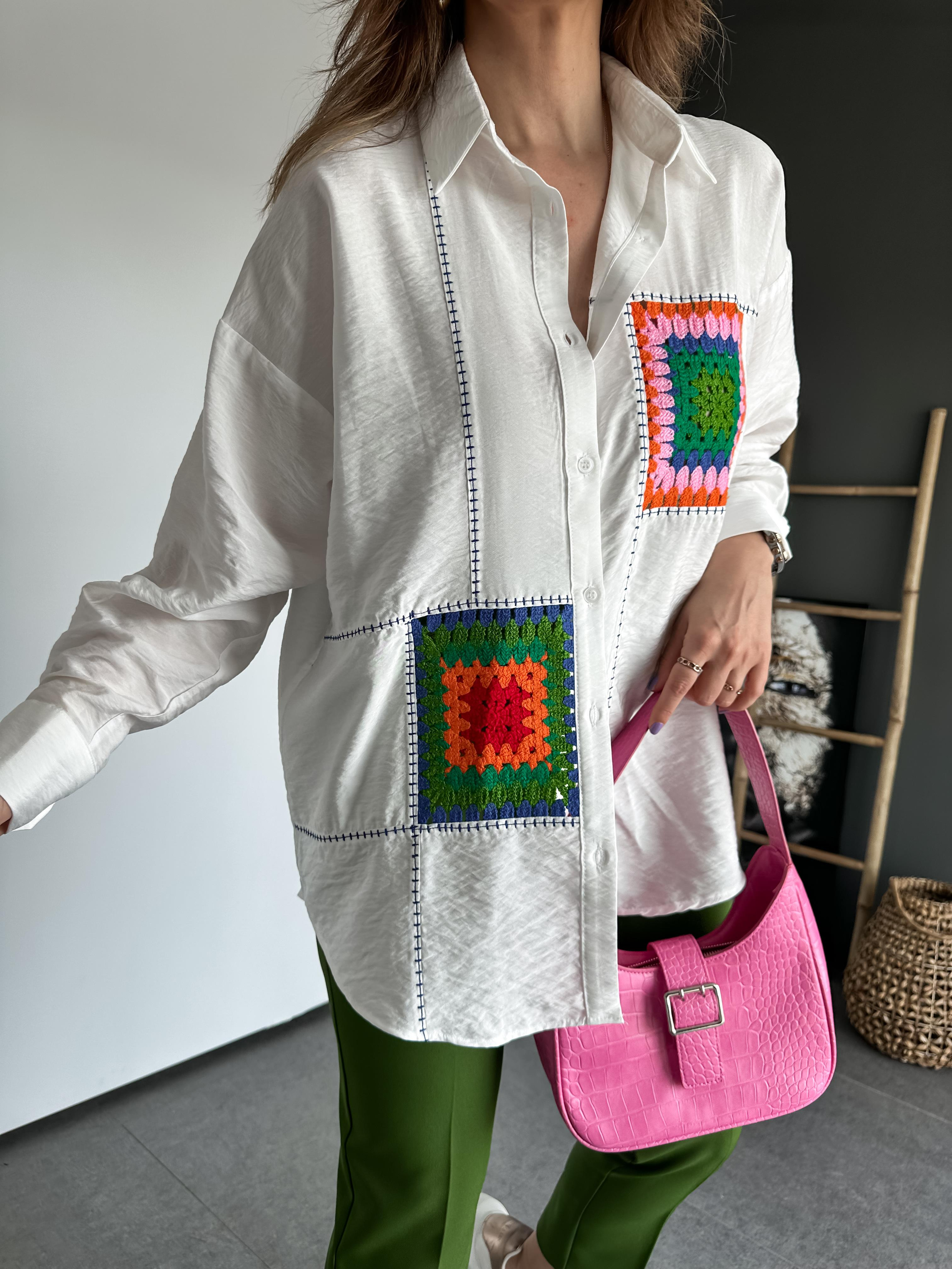 Beyaz Patchwork Parçalı Gömlek