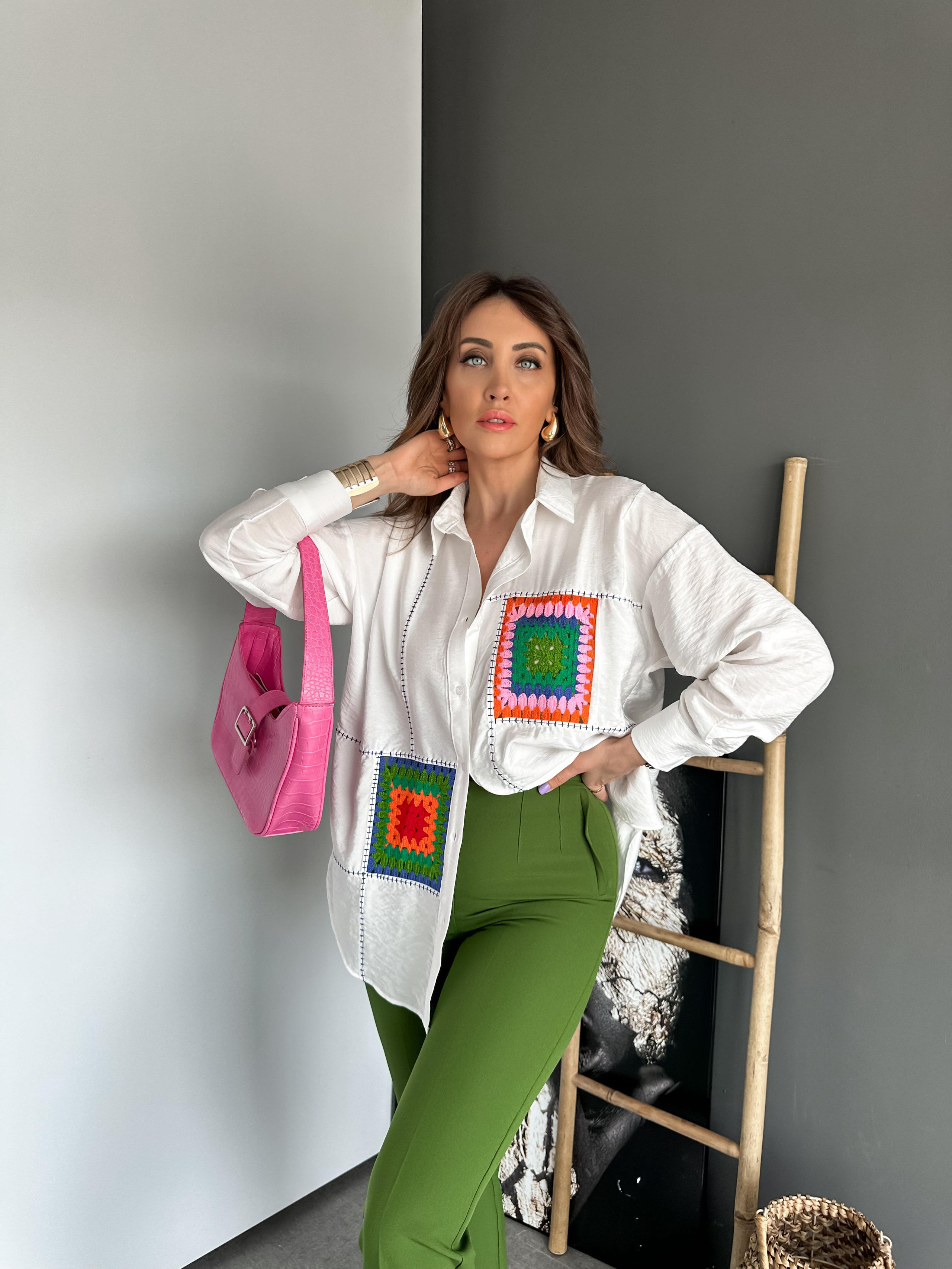 Beyaz Patchwork Parçalı Gömlek