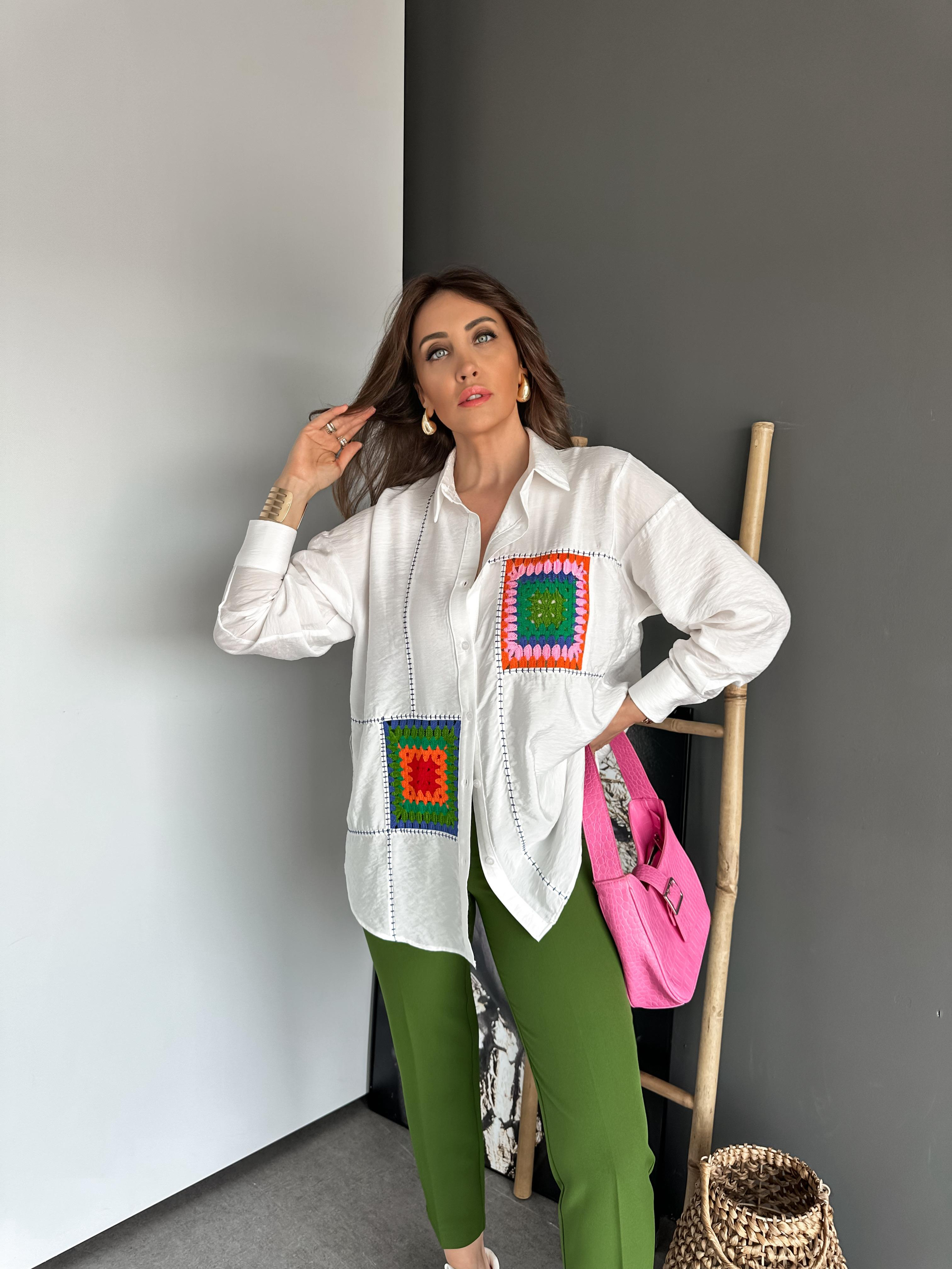 Beyaz Patchwork Parçalı Gömlek