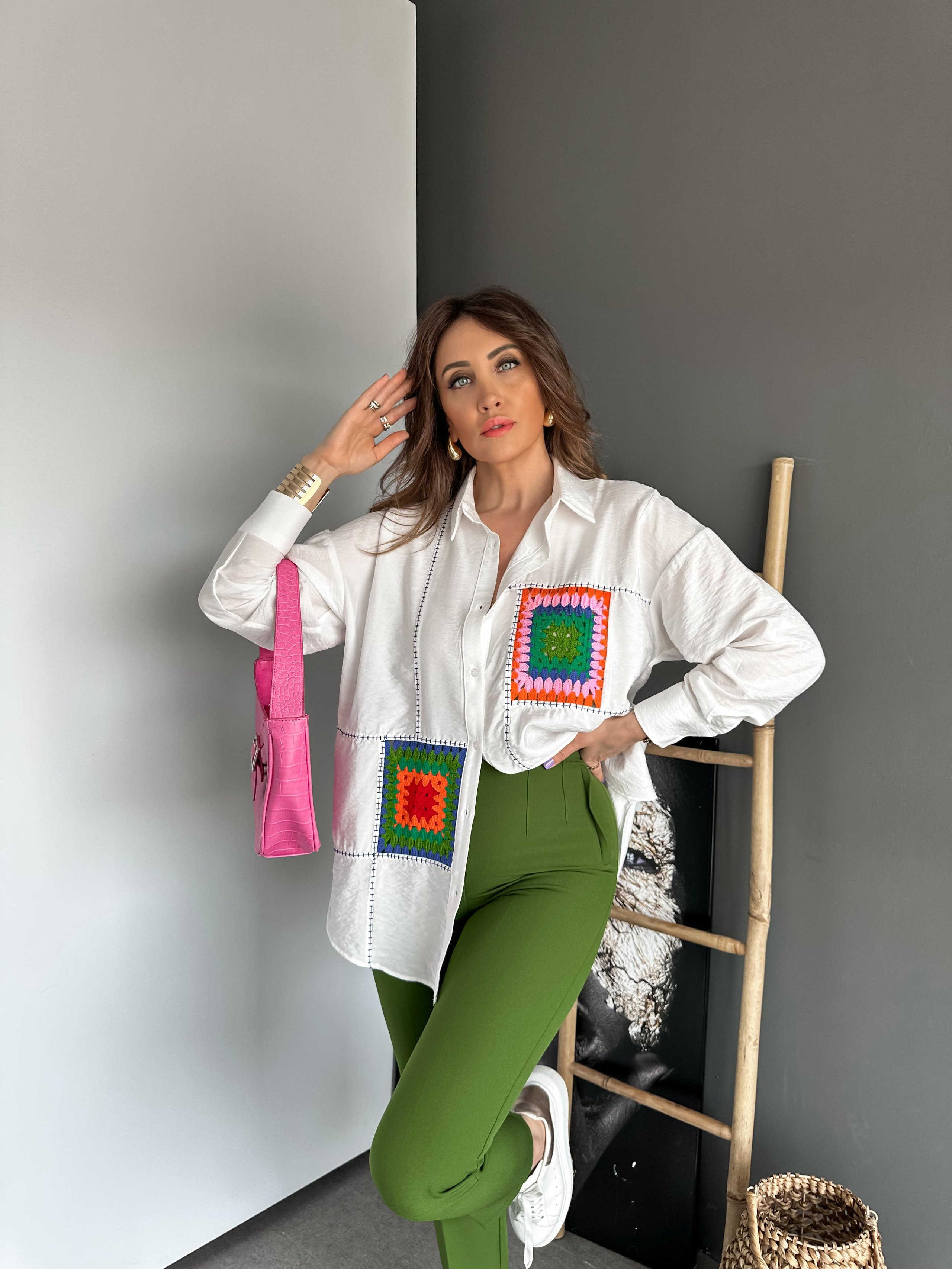 Beyaz Patchwork Parçalı Gömlek