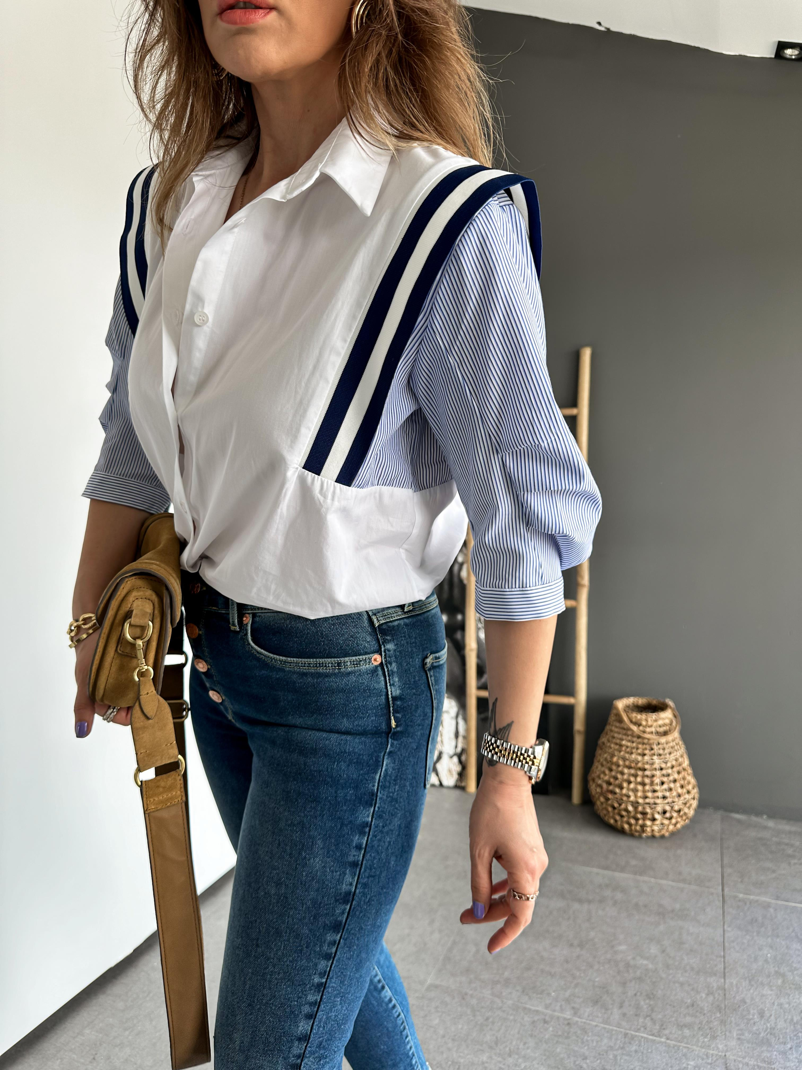 Beyaz Şeritli Tasarım Gömlek 