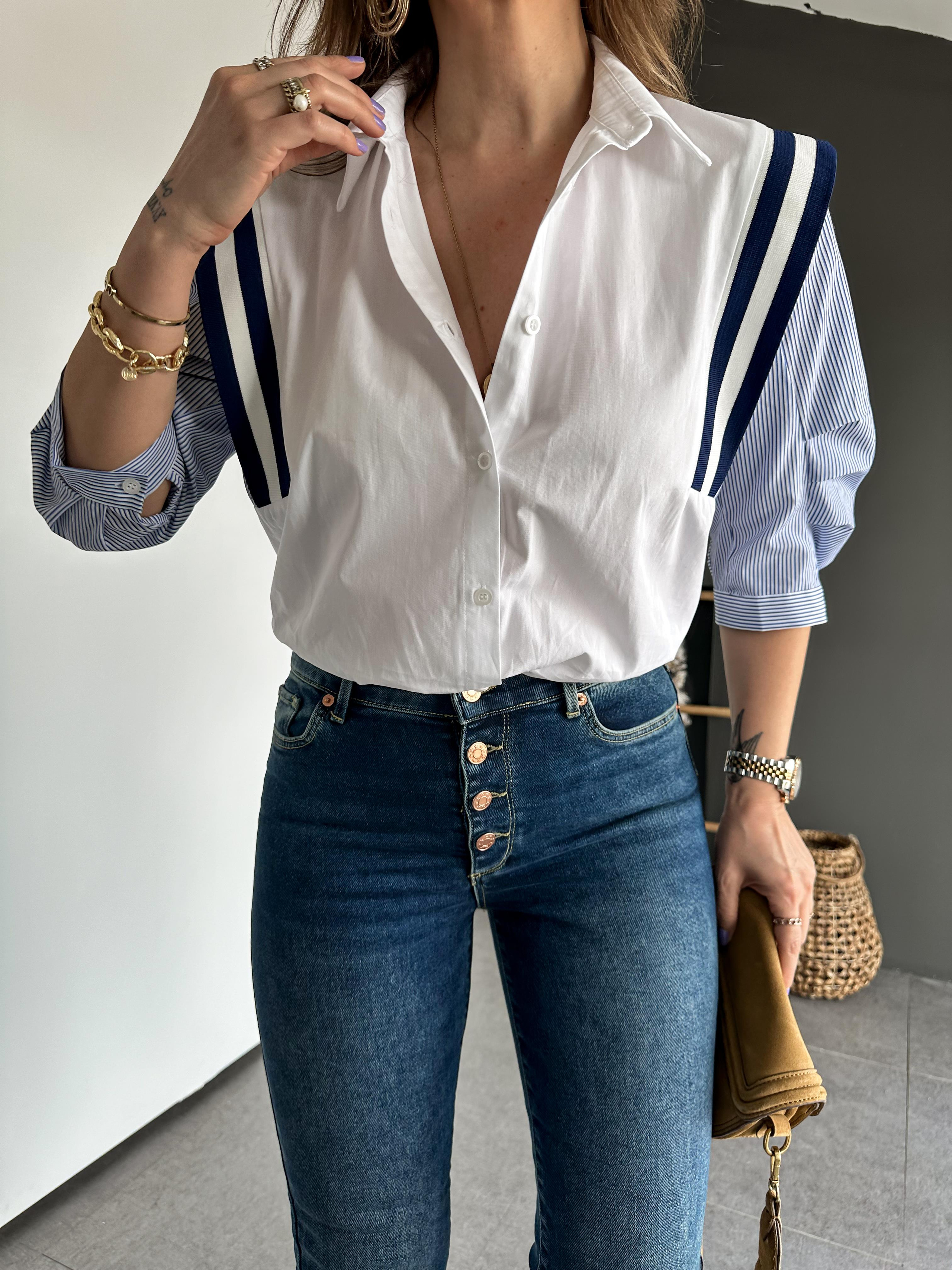 Beyaz Şeritli Tasarım Gömlek 