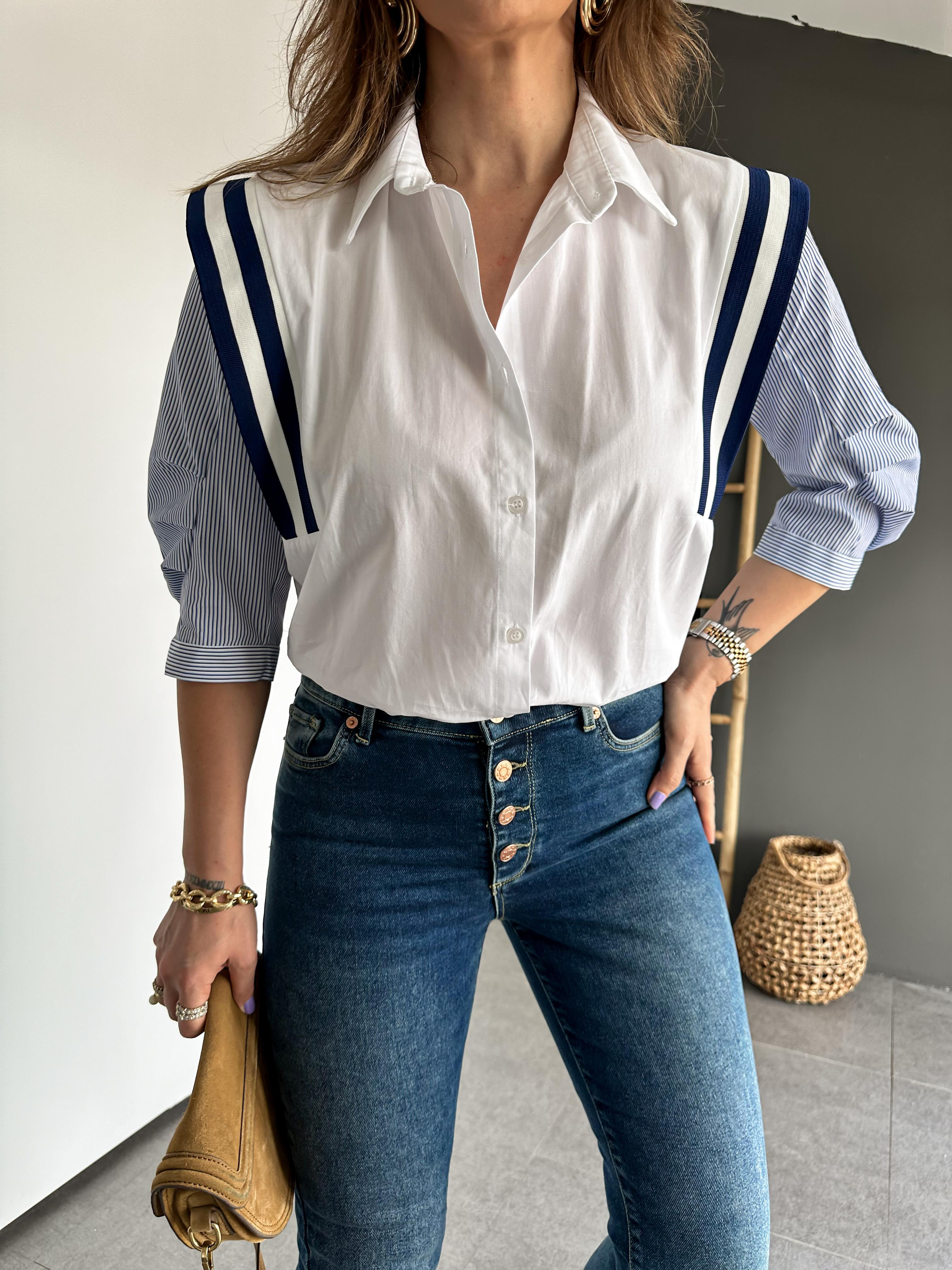 Beyaz Şeritli Tasarım Gömlek 